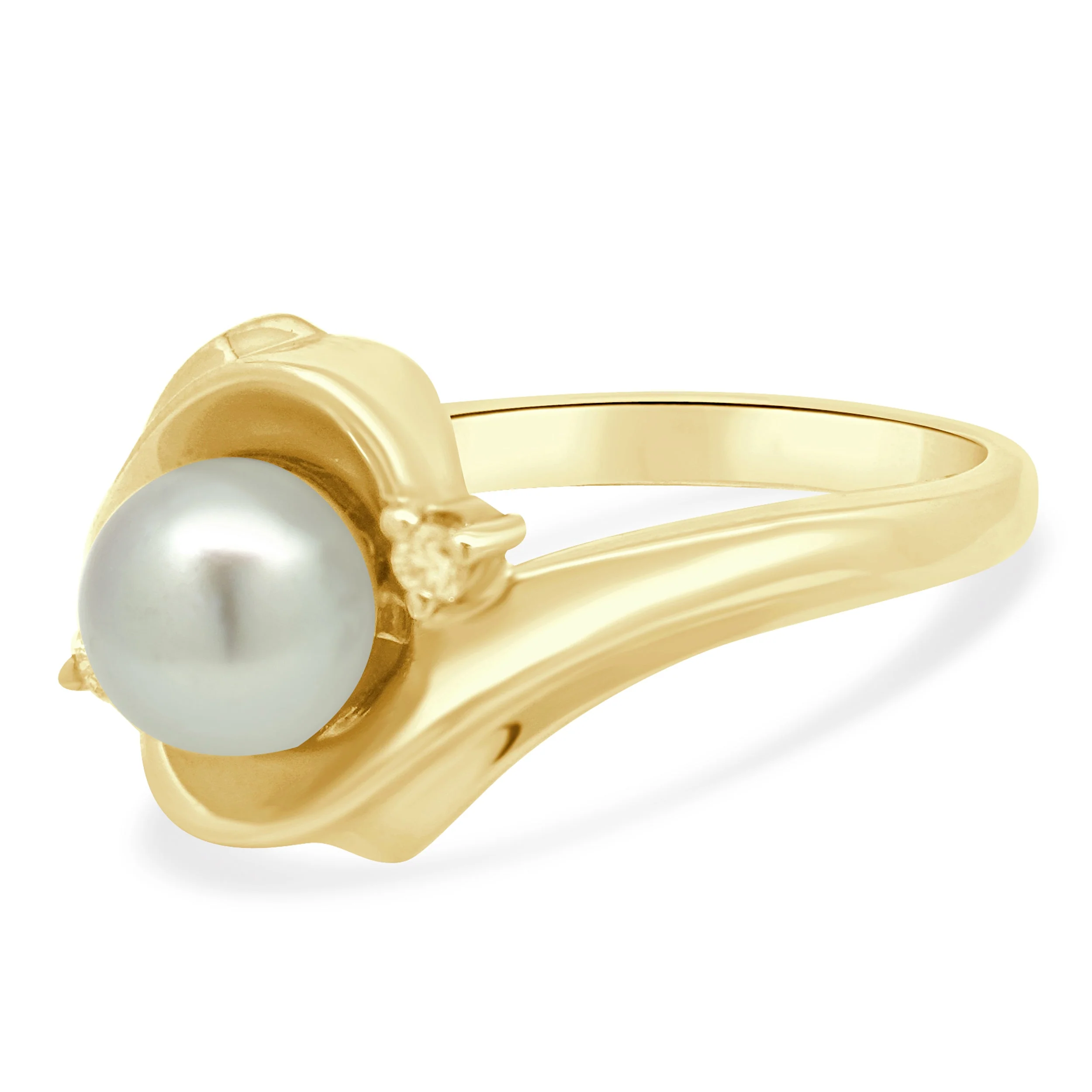 14 Karat Yellow Gold Pearl and Round Diamond Bypass Ring - Image 3