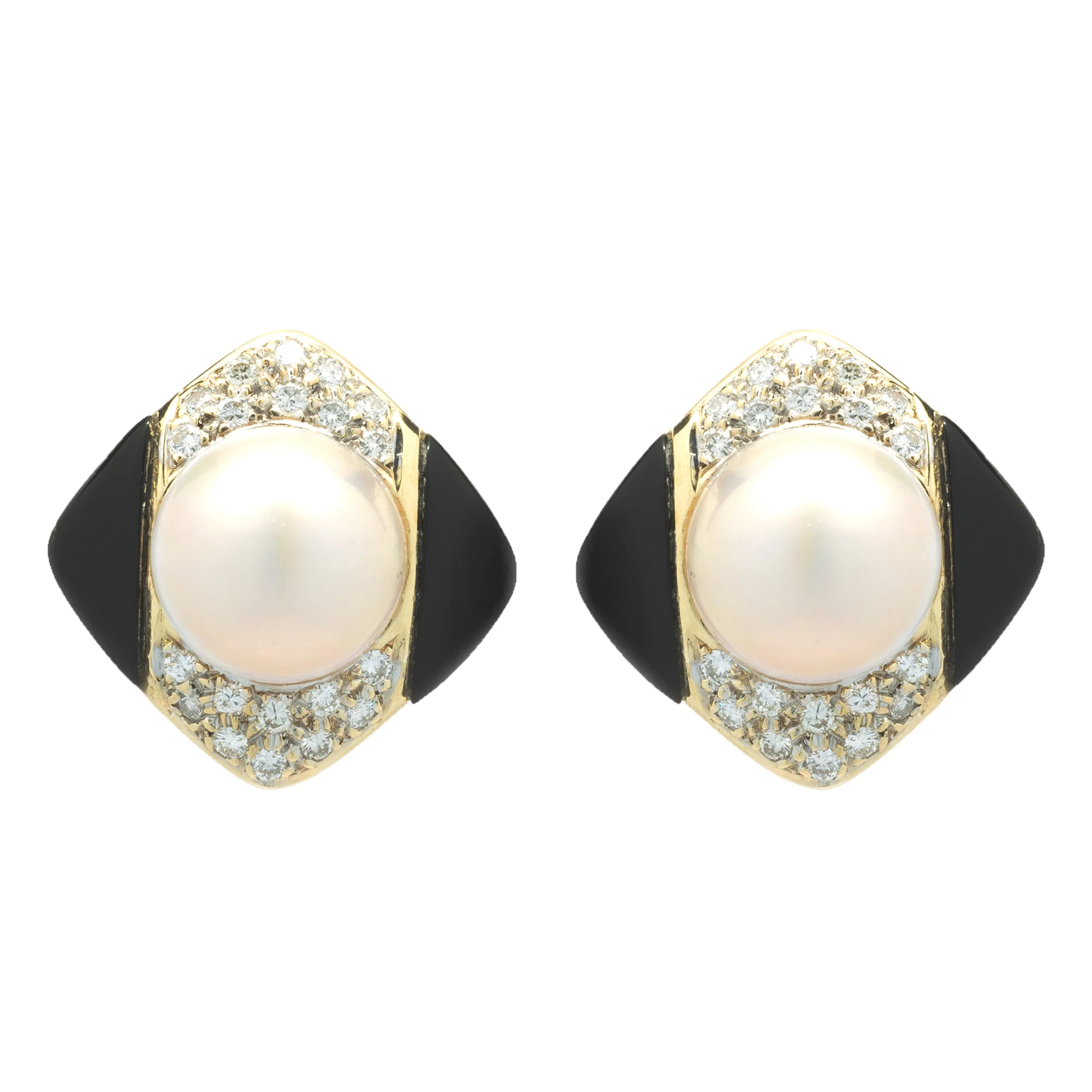 14 Karat Yellow Gold Pearl, Diamond and Black Onyx Earrings