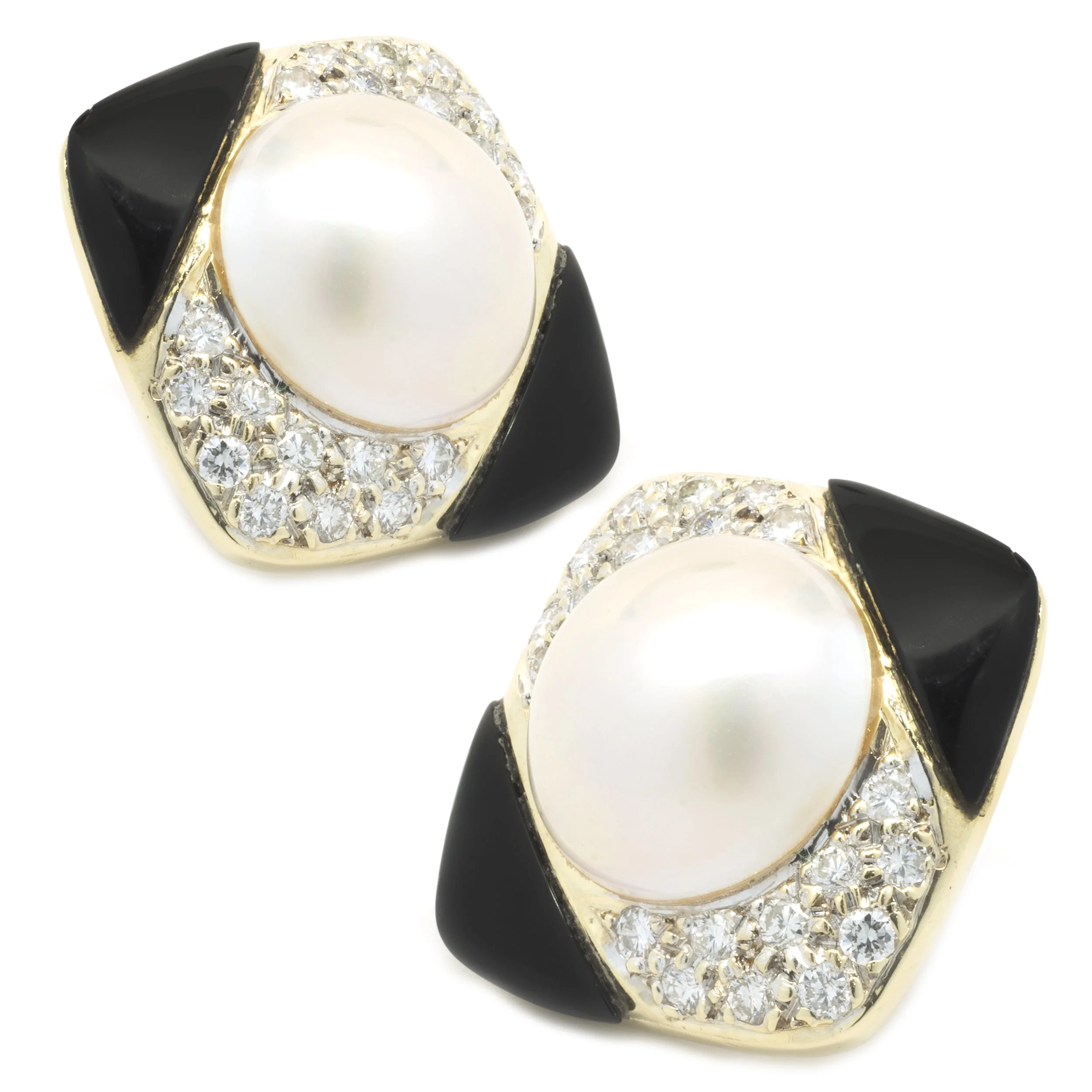 14 Karat Yellow Gold Pearl, Diamond and Black Onyx Earrings - Image 2