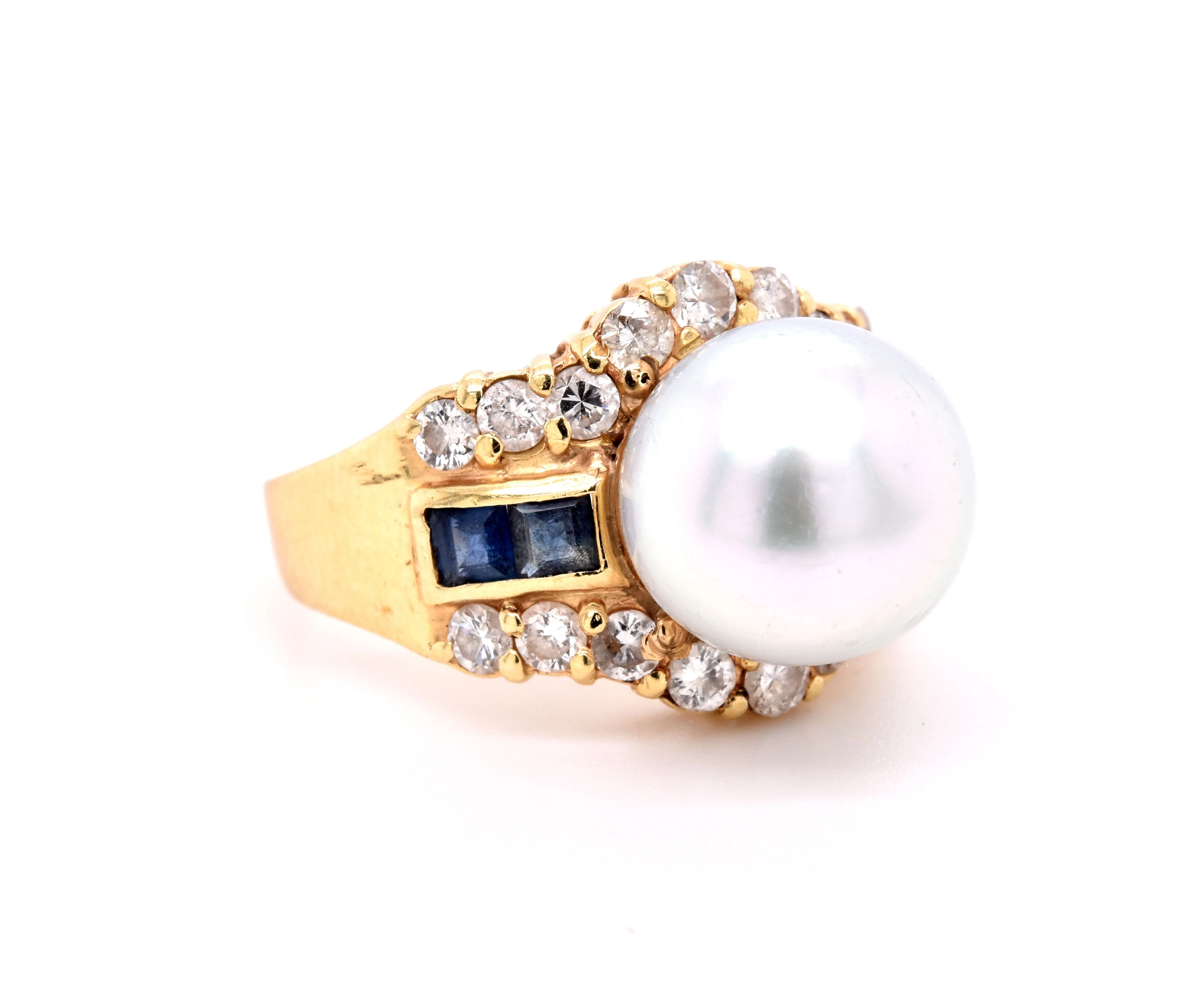 14 Karat Yellow Gold Pearl, Diamond, and Sapphire Fashion Ring - Image 2