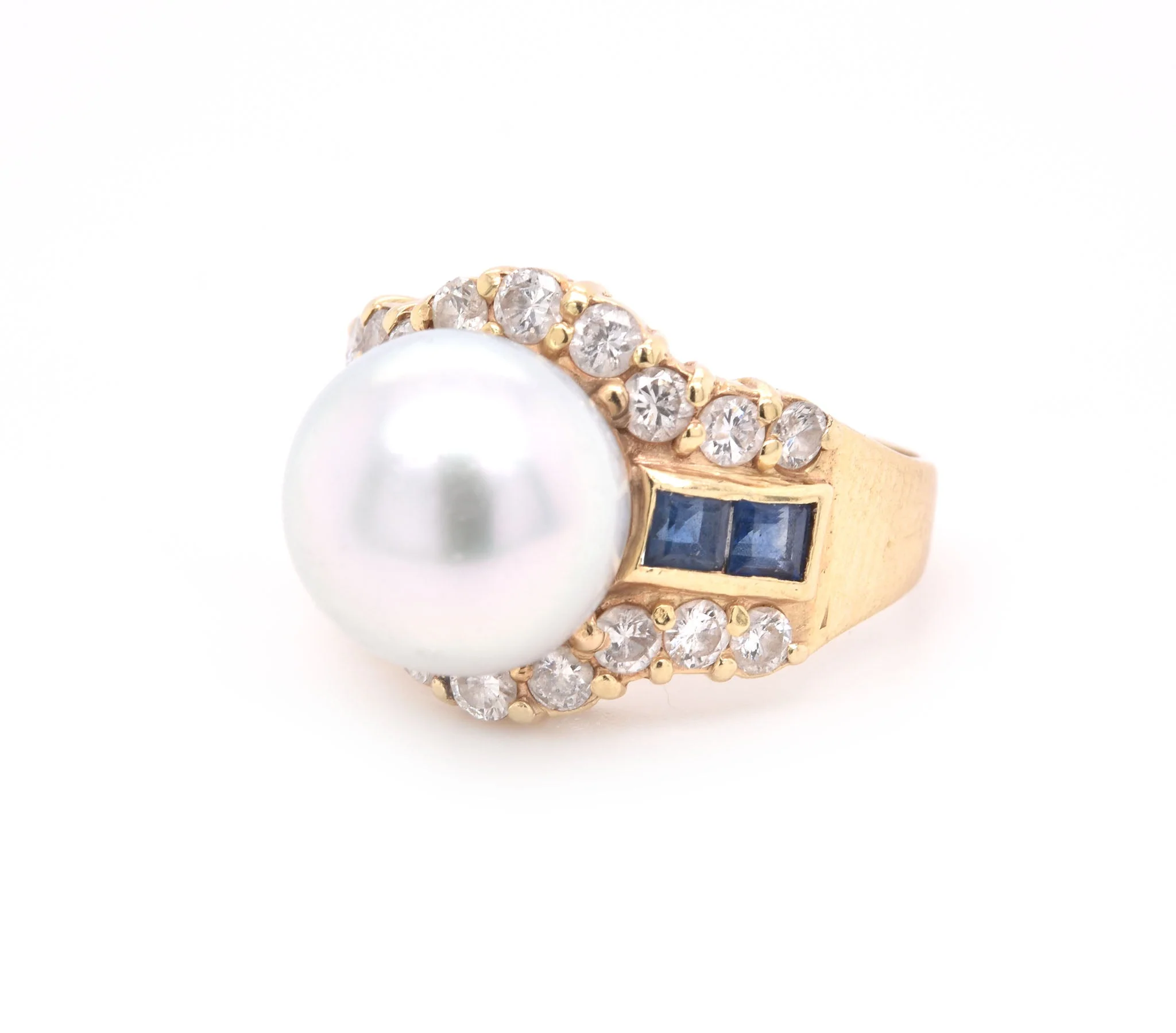 14 Karat Yellow Gold Pearl, Diamond, and Sapphire Fashion Ring - Image 3
