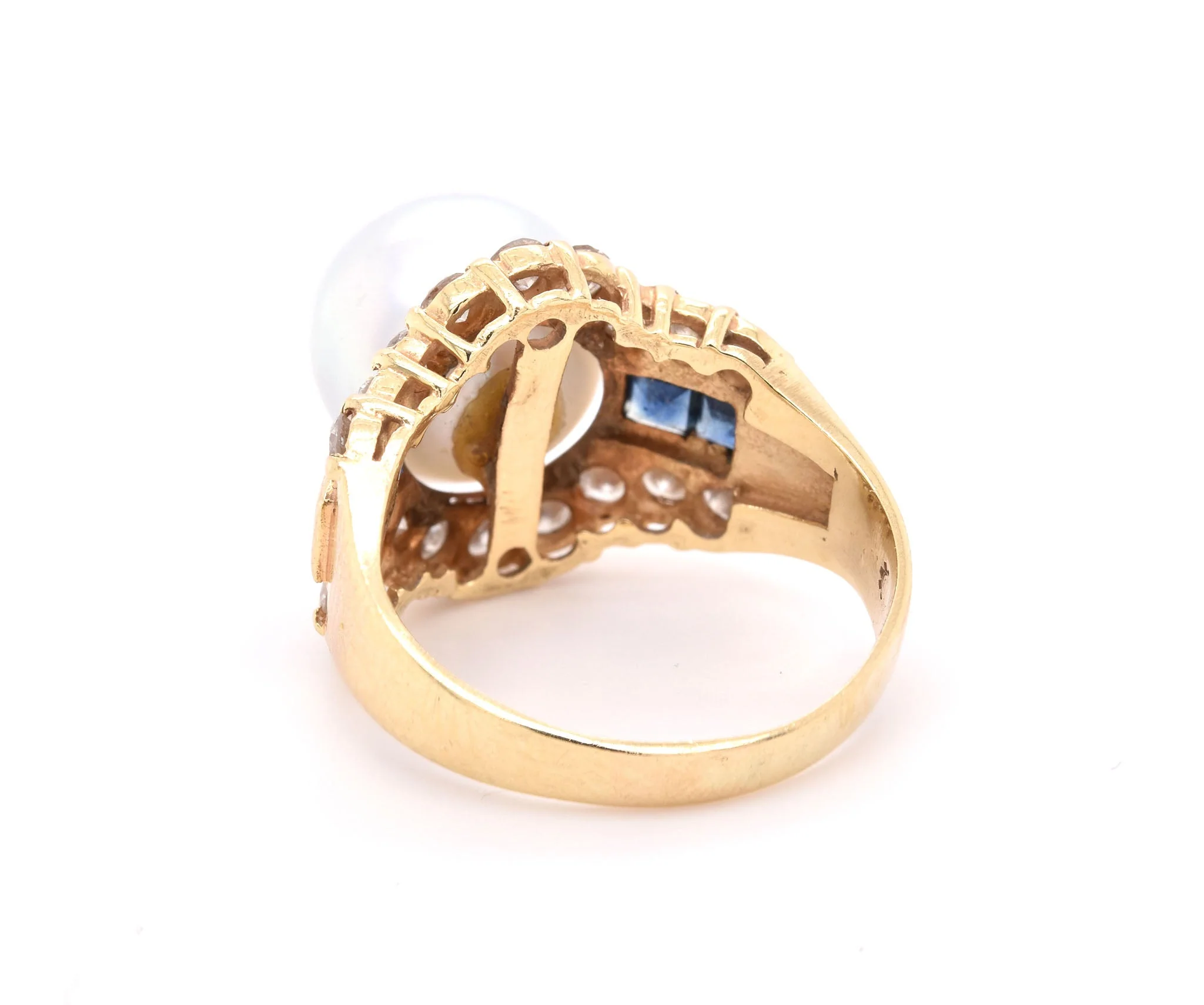 14 Karat Yellow Gold Pearl, Diamond, and Sapphire Fashion Ring - Image 4