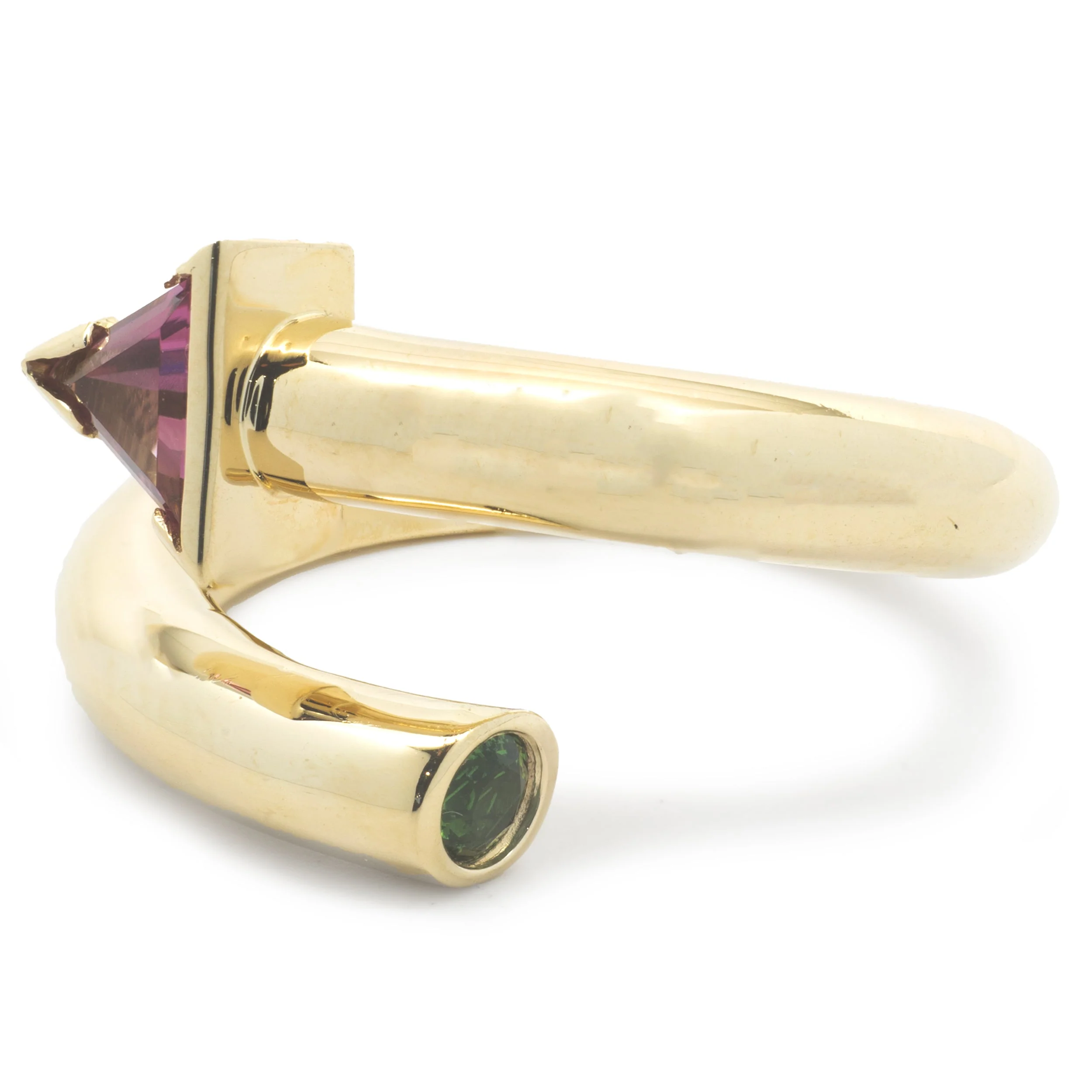 14 Karat Yellow Gold Pink and Chrome Tourmaline Geometric Bypass Ring - Image 3