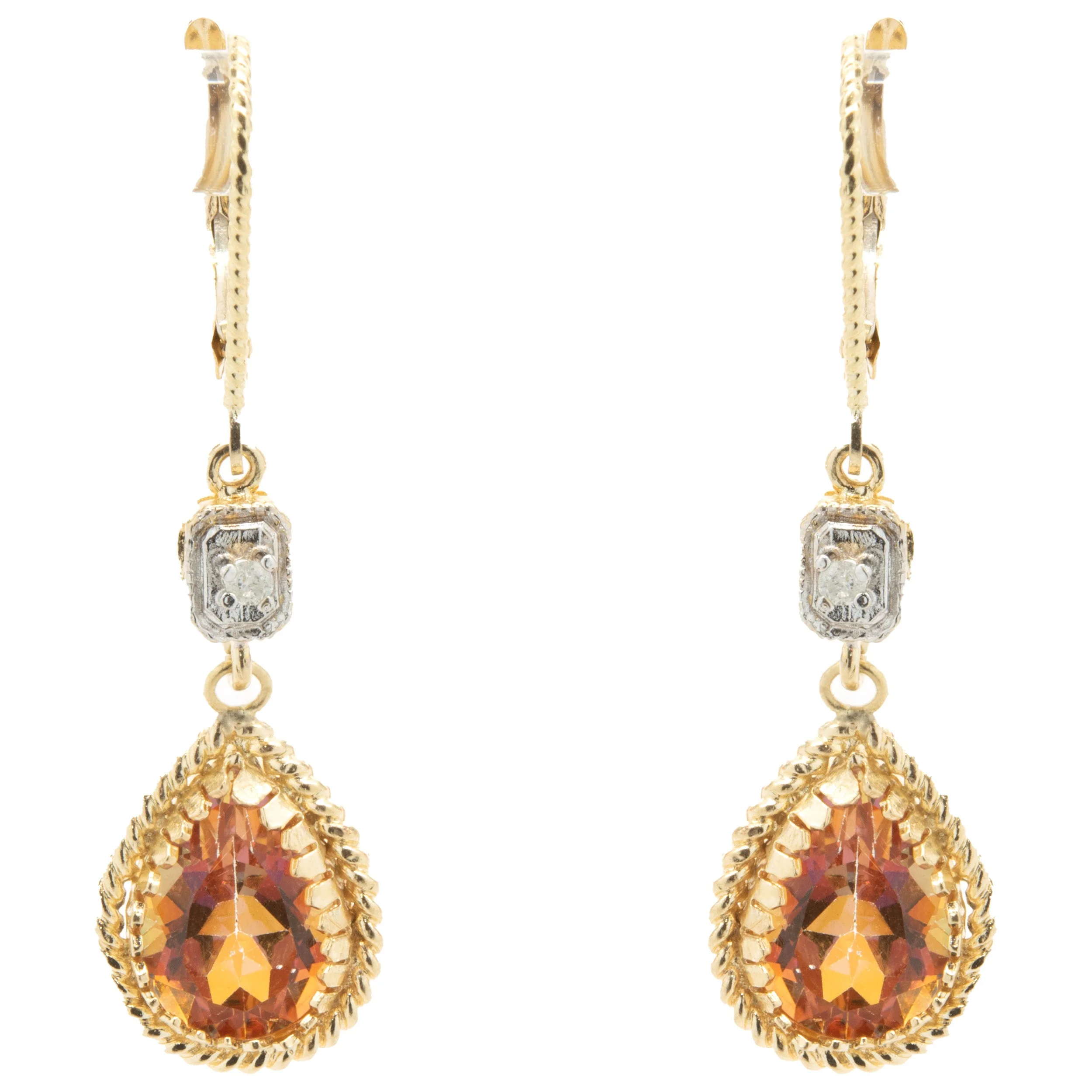 14 Karat Yellow Gold Pink Mystic Topaz and Diamond Drop Earrings