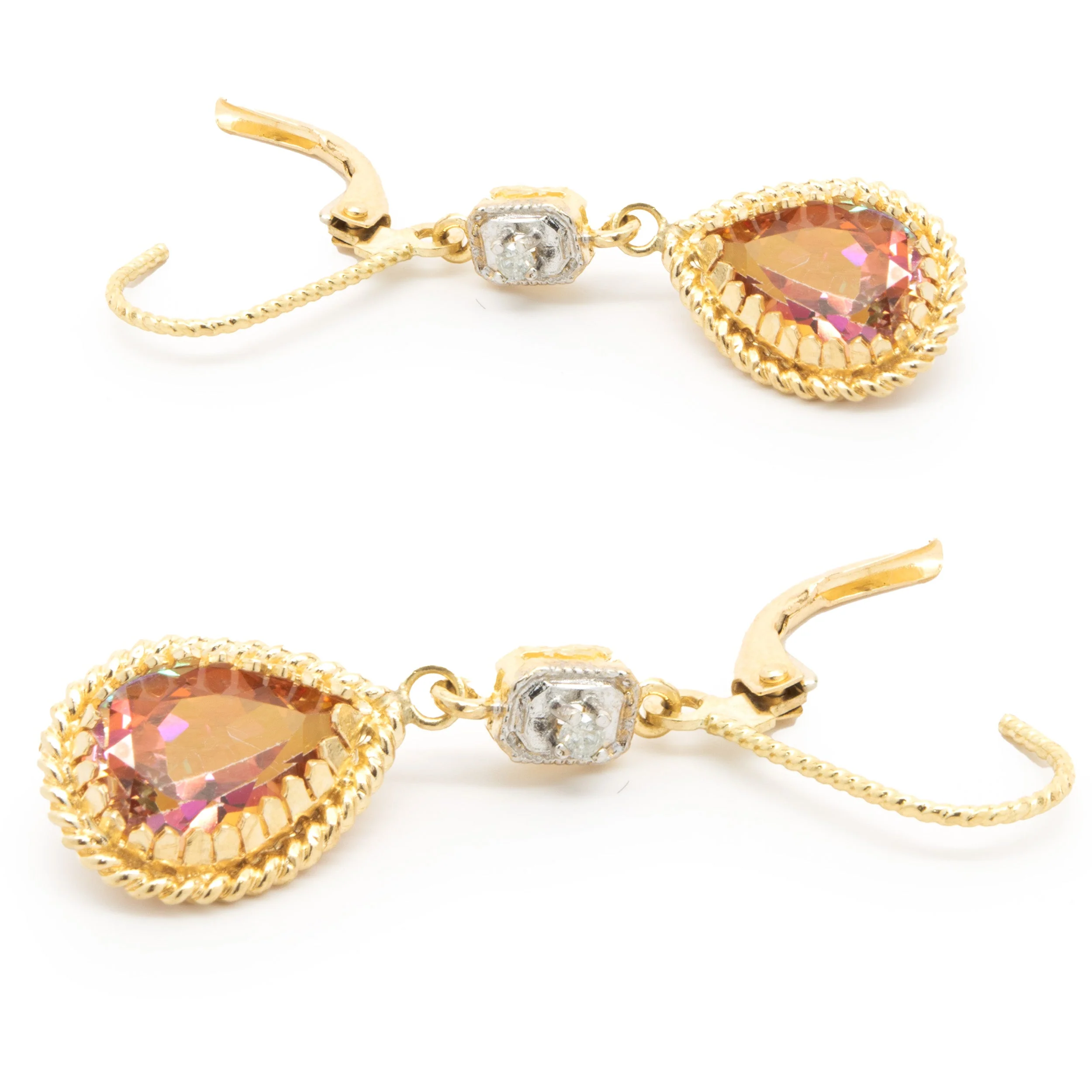 14 Karat Yellow Gold Pink Mystic Topaz and Diamond Drop Earrings - Image 3