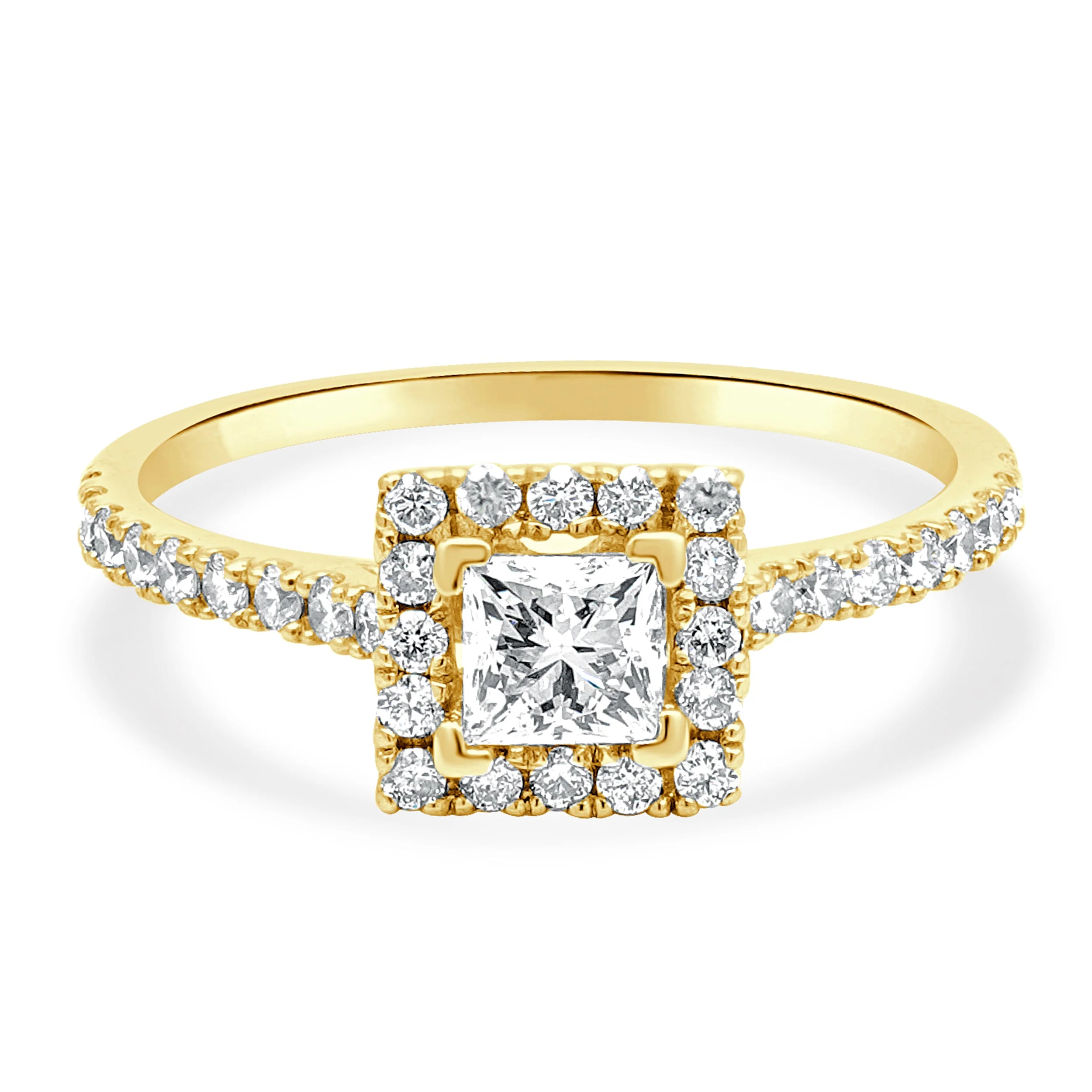 14 Karat Yellow Gold Princess Cut and Round Diamond Halo Engagement Ring