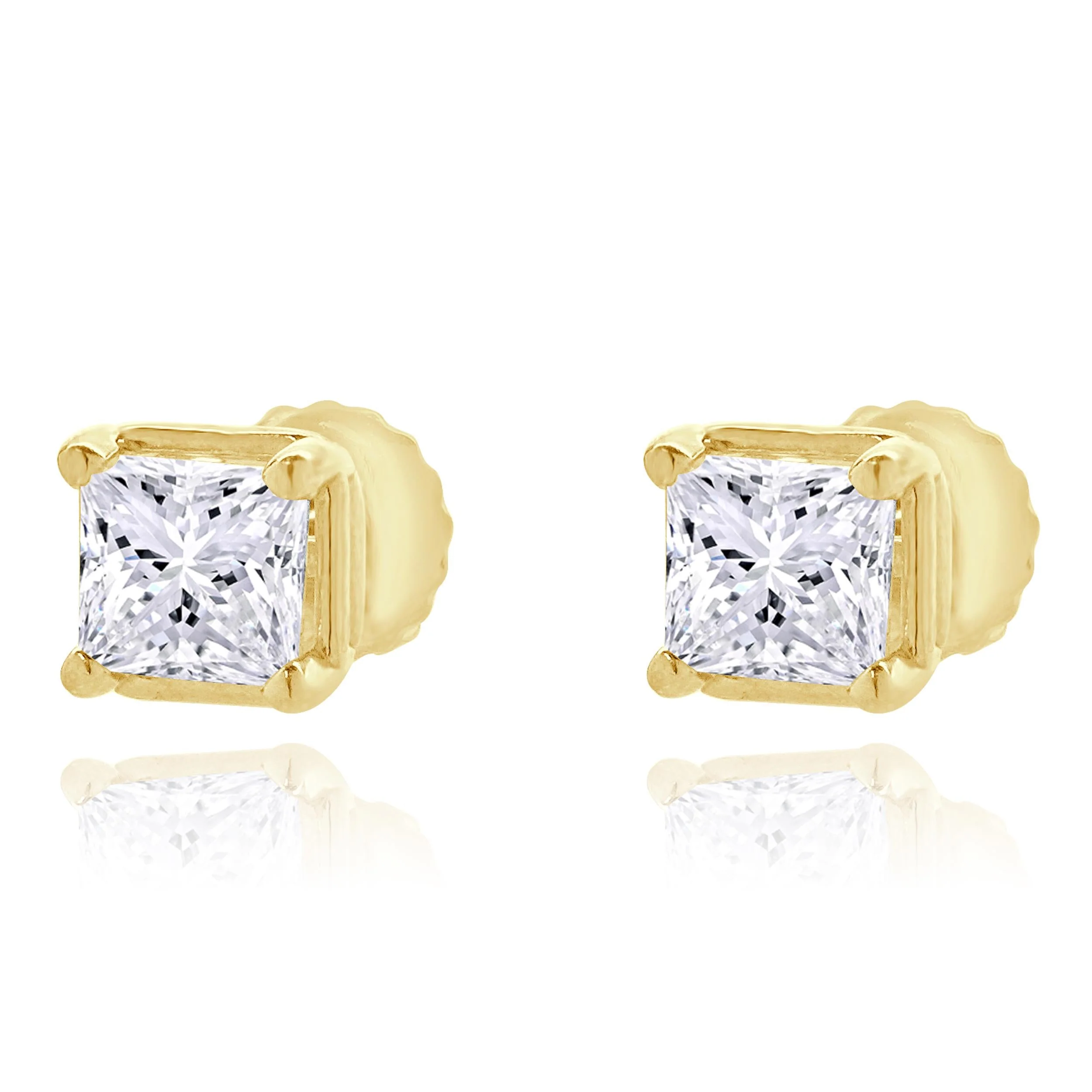 14 Karat Yellow Gold Princess Cut Diamond Stud Earrings
