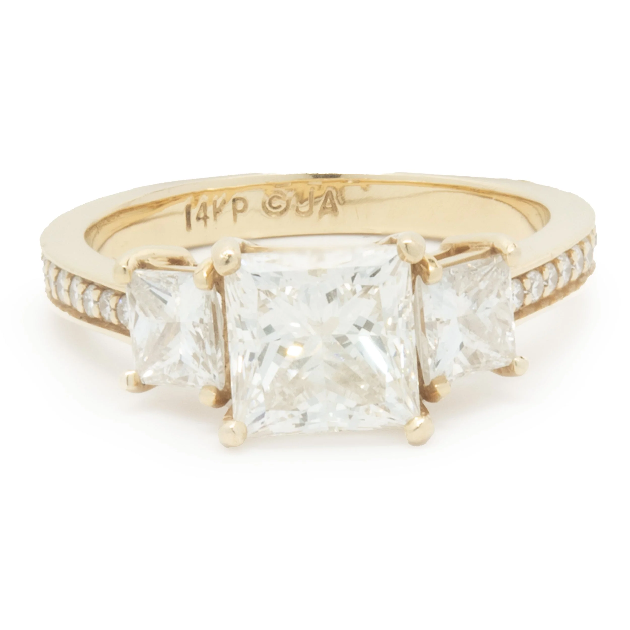 14 Karat Yellow Gold Princess Cut Diamond Three Stone Engagement Ring