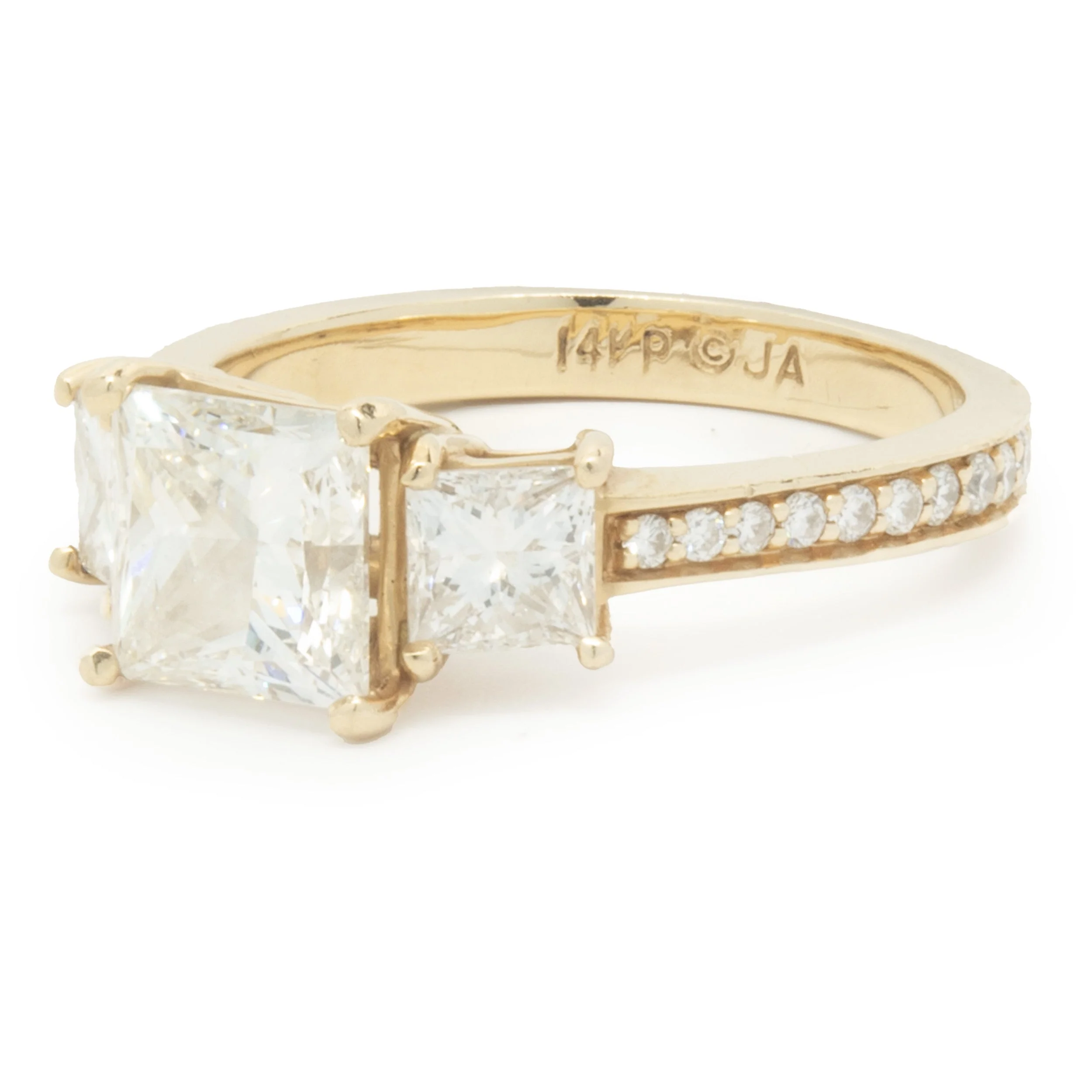 14 Karat Yellow Gold Princess Cut Diamond Three Stone Engagement Ring - Image 2
