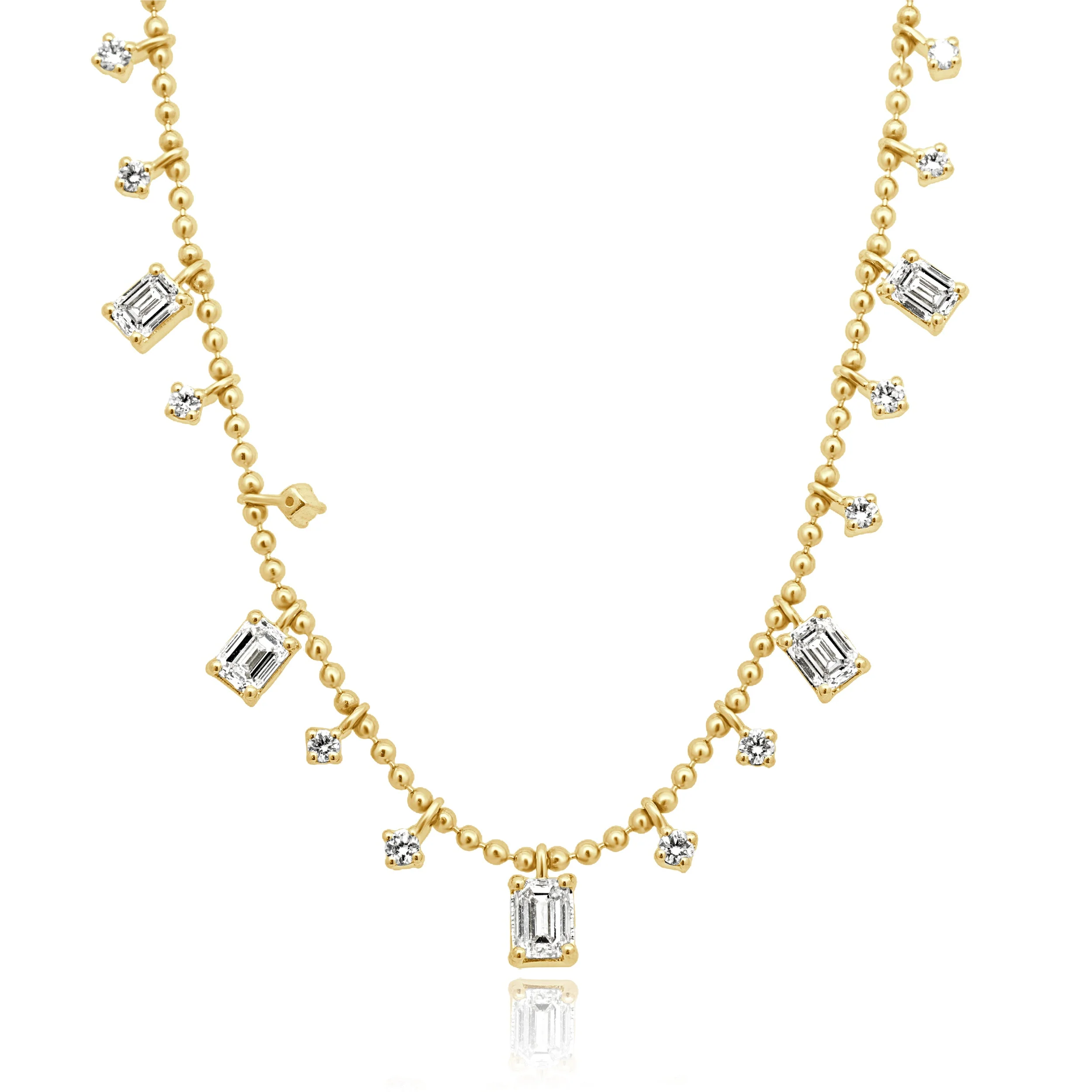 14 Karat Yellow Gold Prong Set Emerald Cut and Round Diamond Drop Beaded Necklace