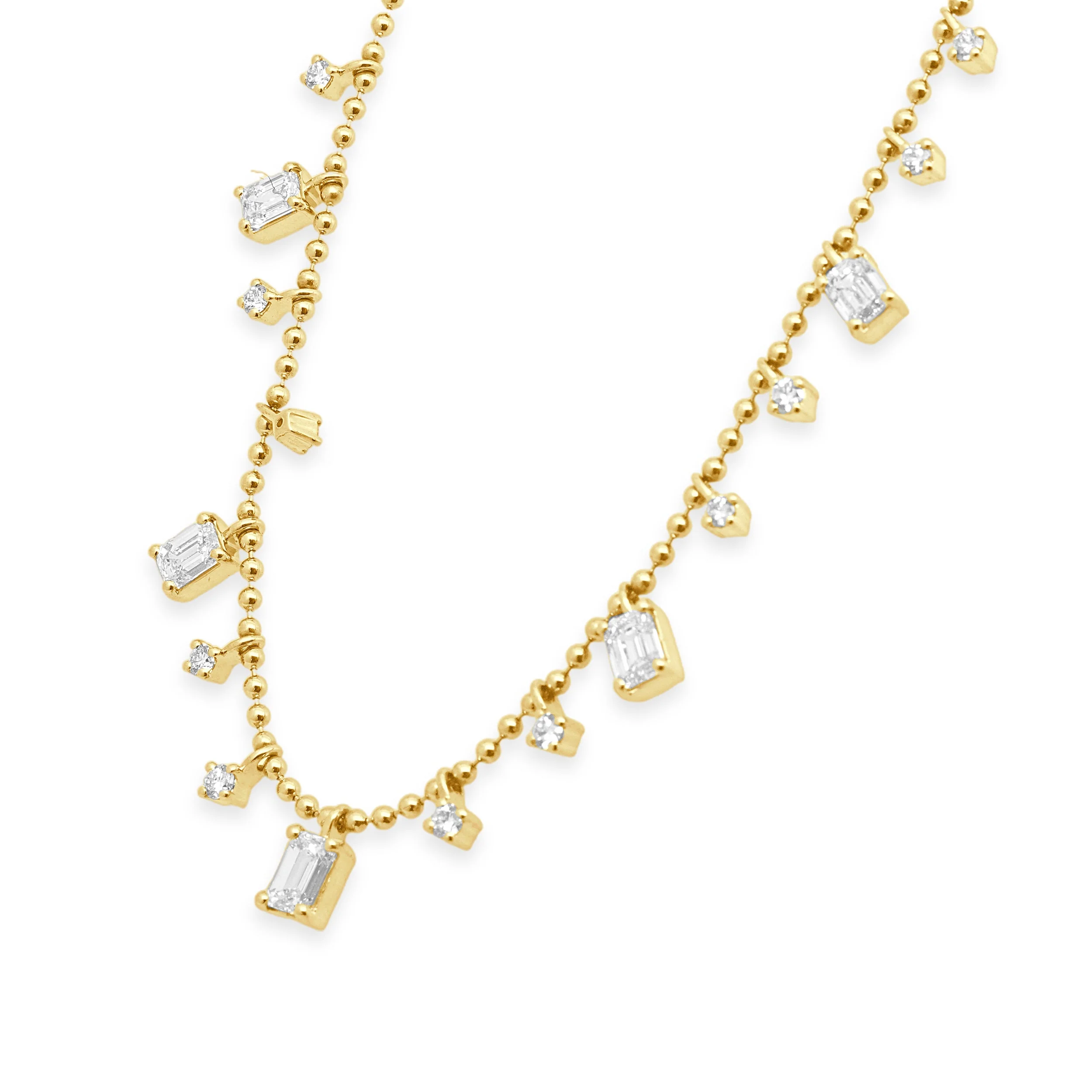 14 Karat Yellow Gold Prong Set Emerald Cut and Round Diamond Drop Beaded Necklace - Image 2
