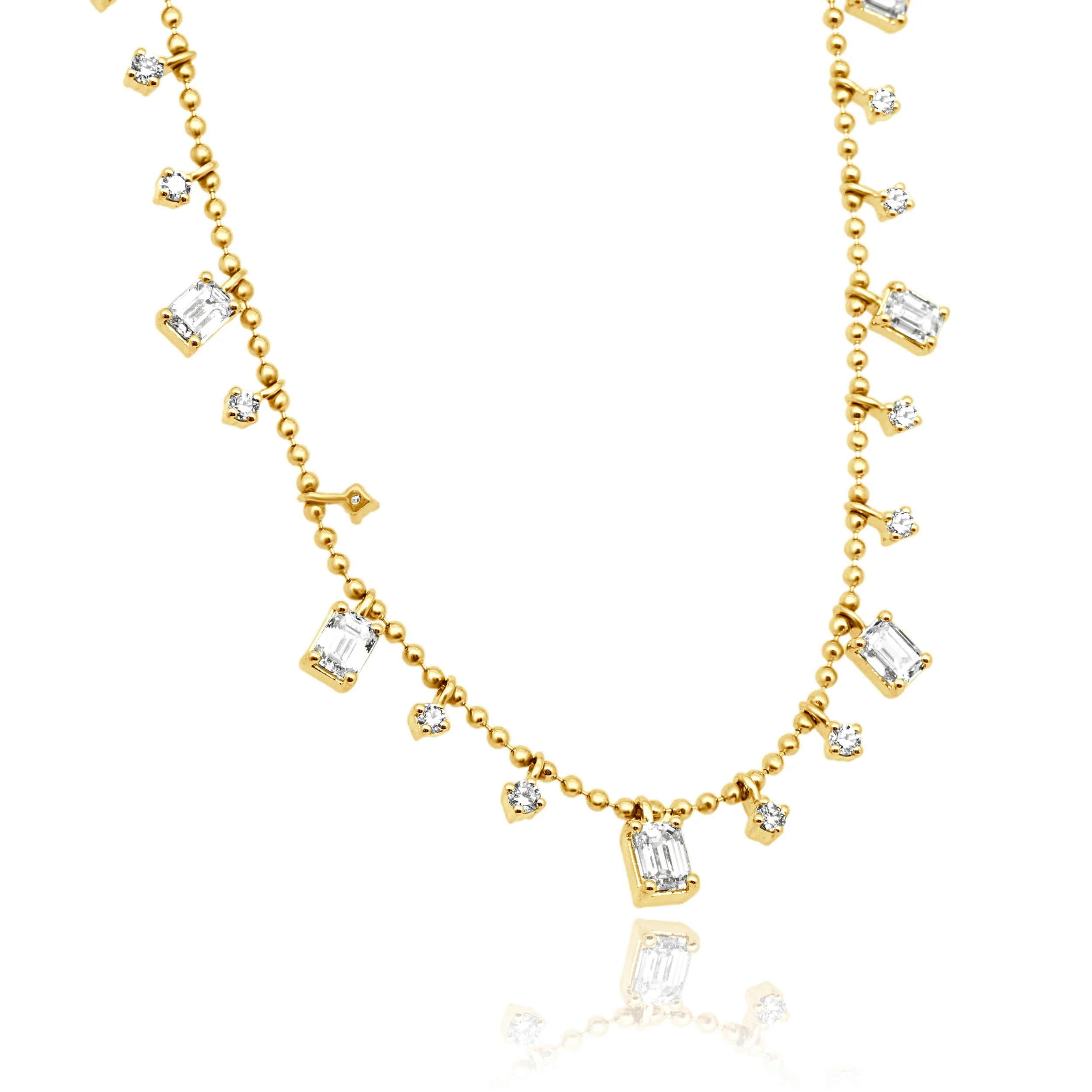 14 Karat Yellow Gold Prong Set Emerald Cut and Round Diamond Drop Beaded Necklace - Image 3
