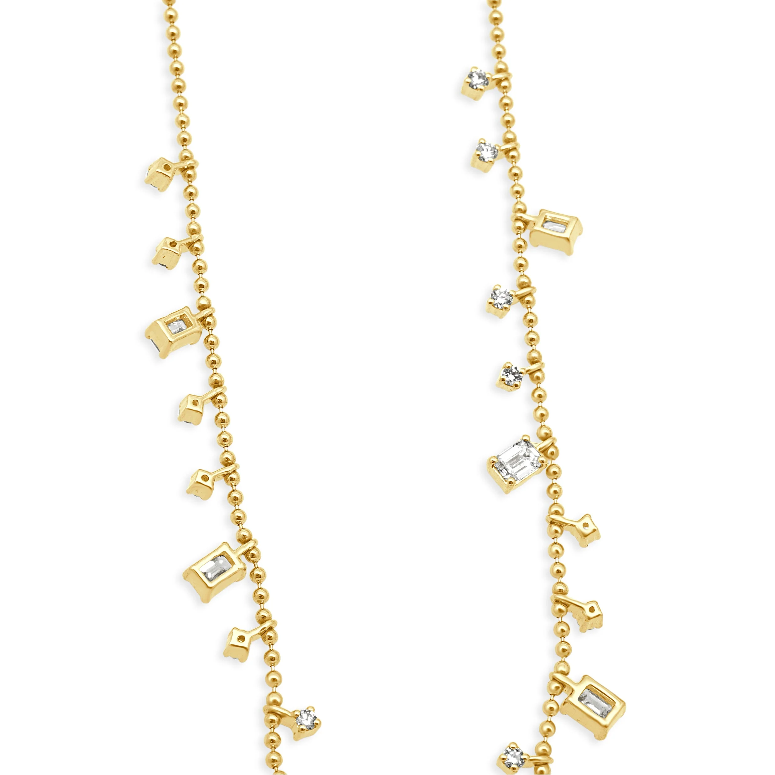 14 Karat Yellow Gold Prong Set Emerald Cut and Round Diamond Drop Beaded Necklace - Image 4