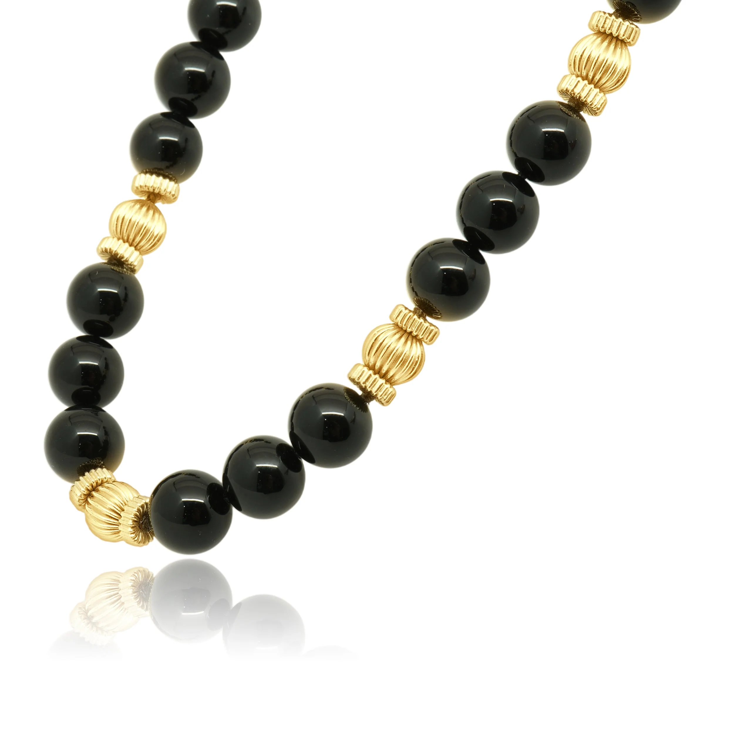 14 Karat Yellow Gold Round Onyx Bead Necklace with Fluted Spacers 33.5"