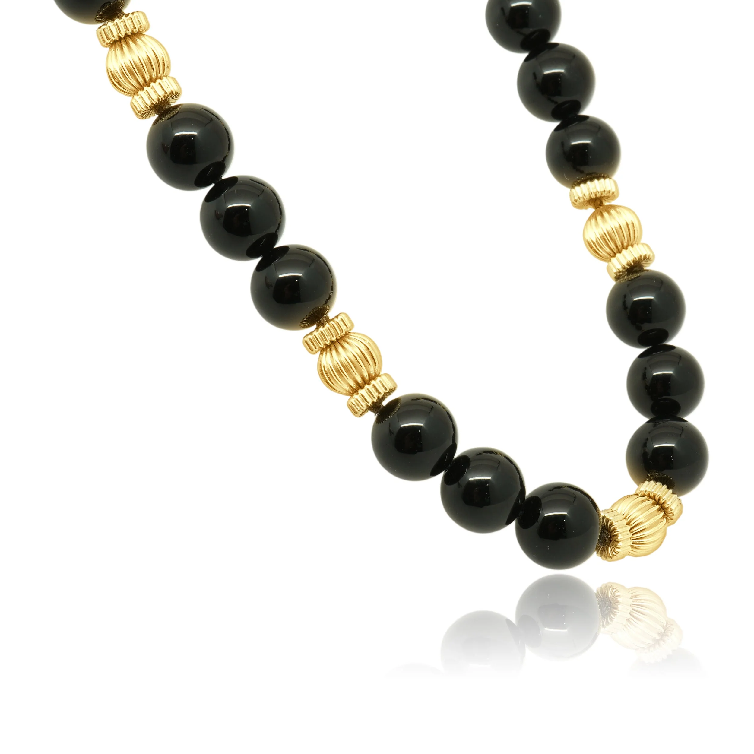 14 Karat Yellow Gold Round Onyx Bead Necklace with Fluted Spacers 33.5" - Image 2