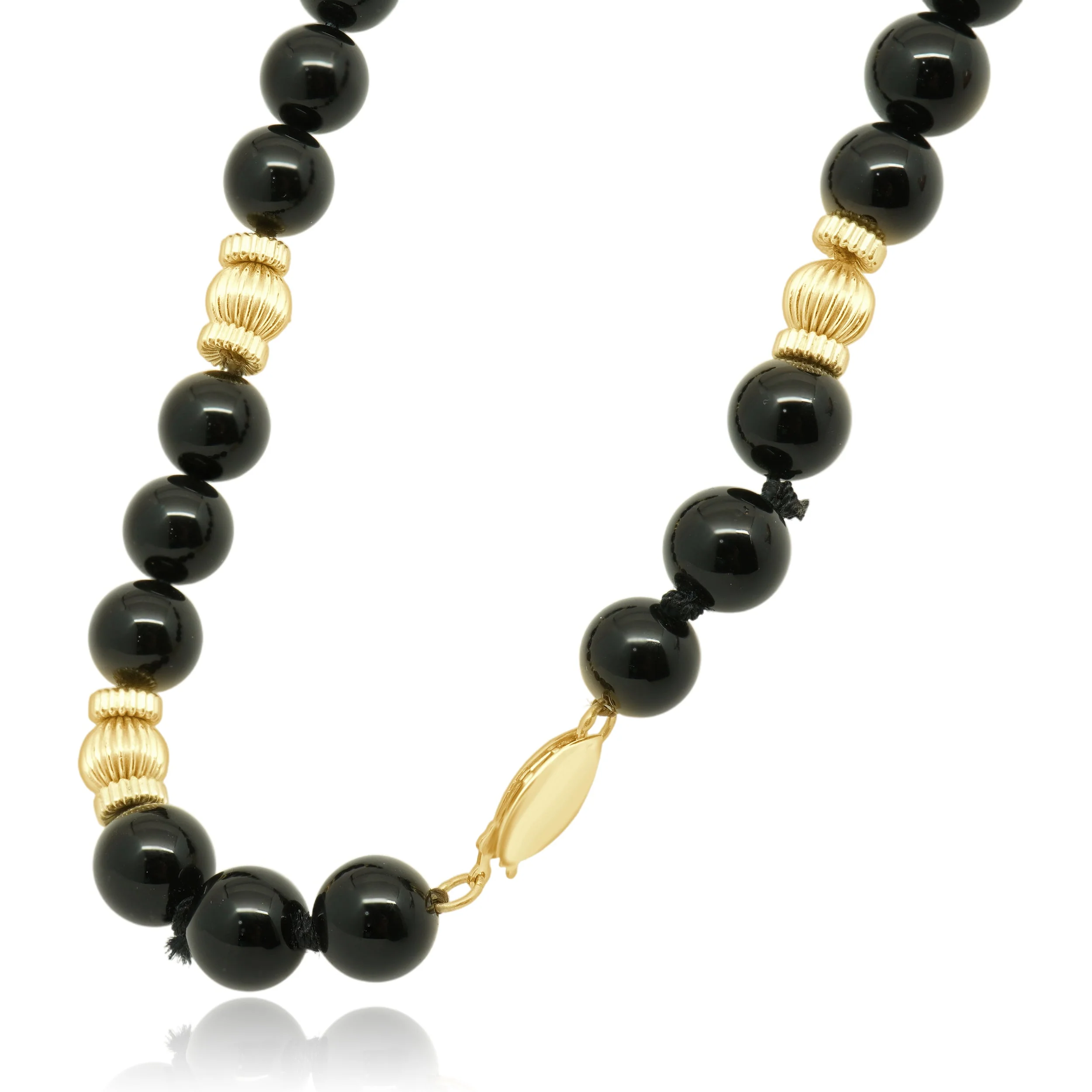 14 Karat Yellow Gold Round Onyx Bead Necklace with Fluted Spacers 33.5" - Image 3