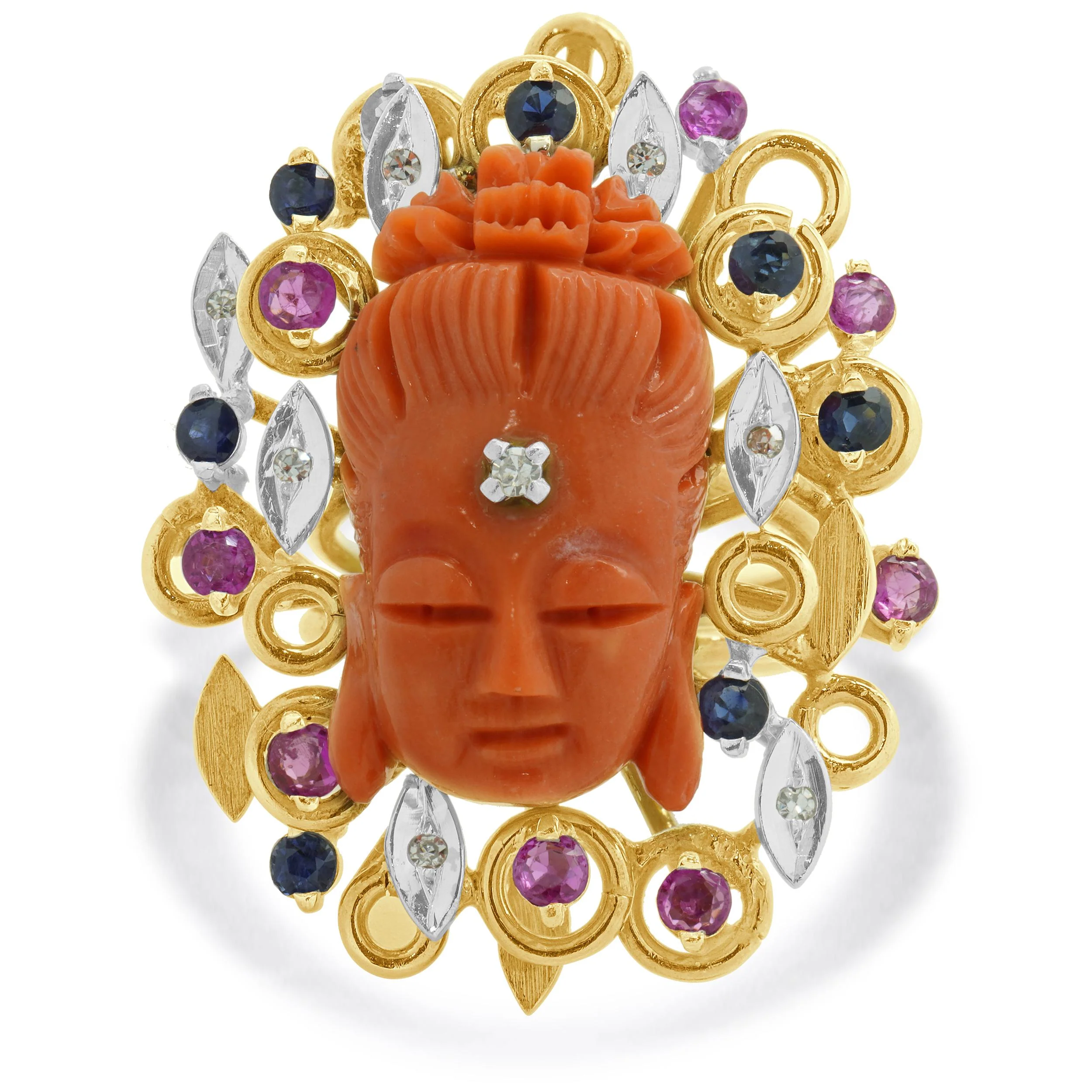 14 Karat Yellow Gold Ruby, Sapphire, Diamond, and Carved Coral Buddha Ring