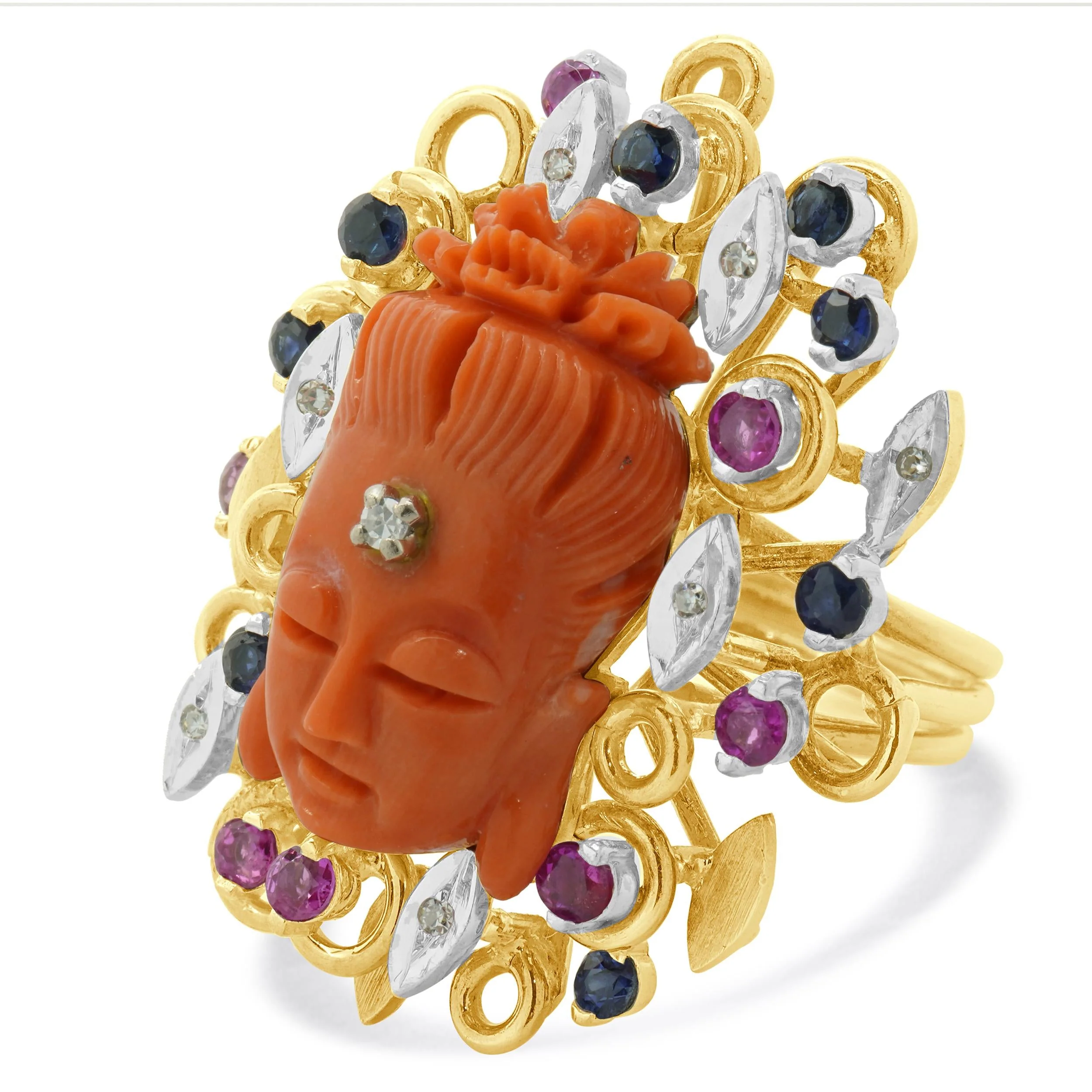 14 Karat Yellow Gold Ruby, Sapphire, Diamond, and Carved Coral Buddha Ring - Image 2
