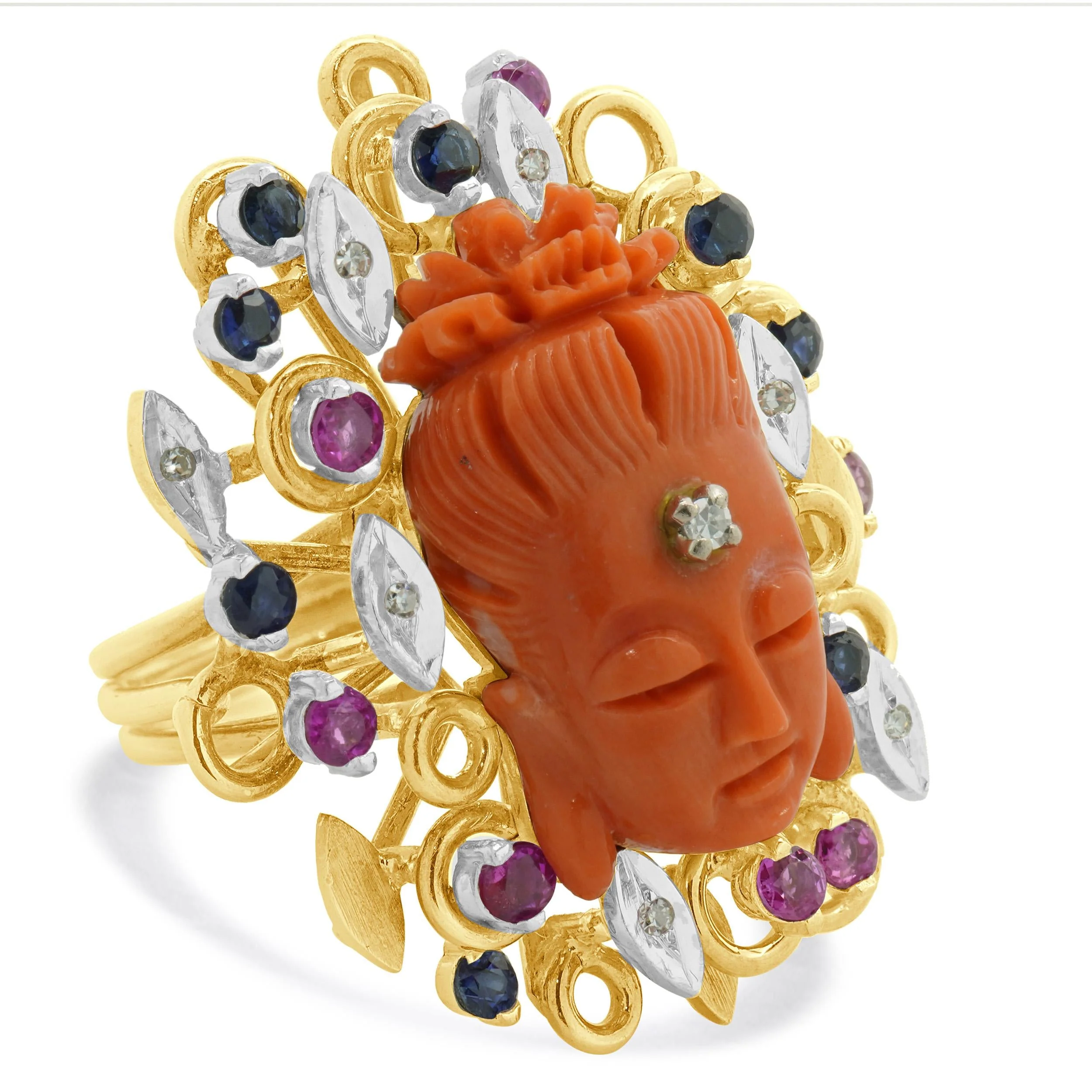 14 Karat Yellow Gold Ruby, Sapphire, Diamond, and Carved Coral Buddha Ring - Image 3