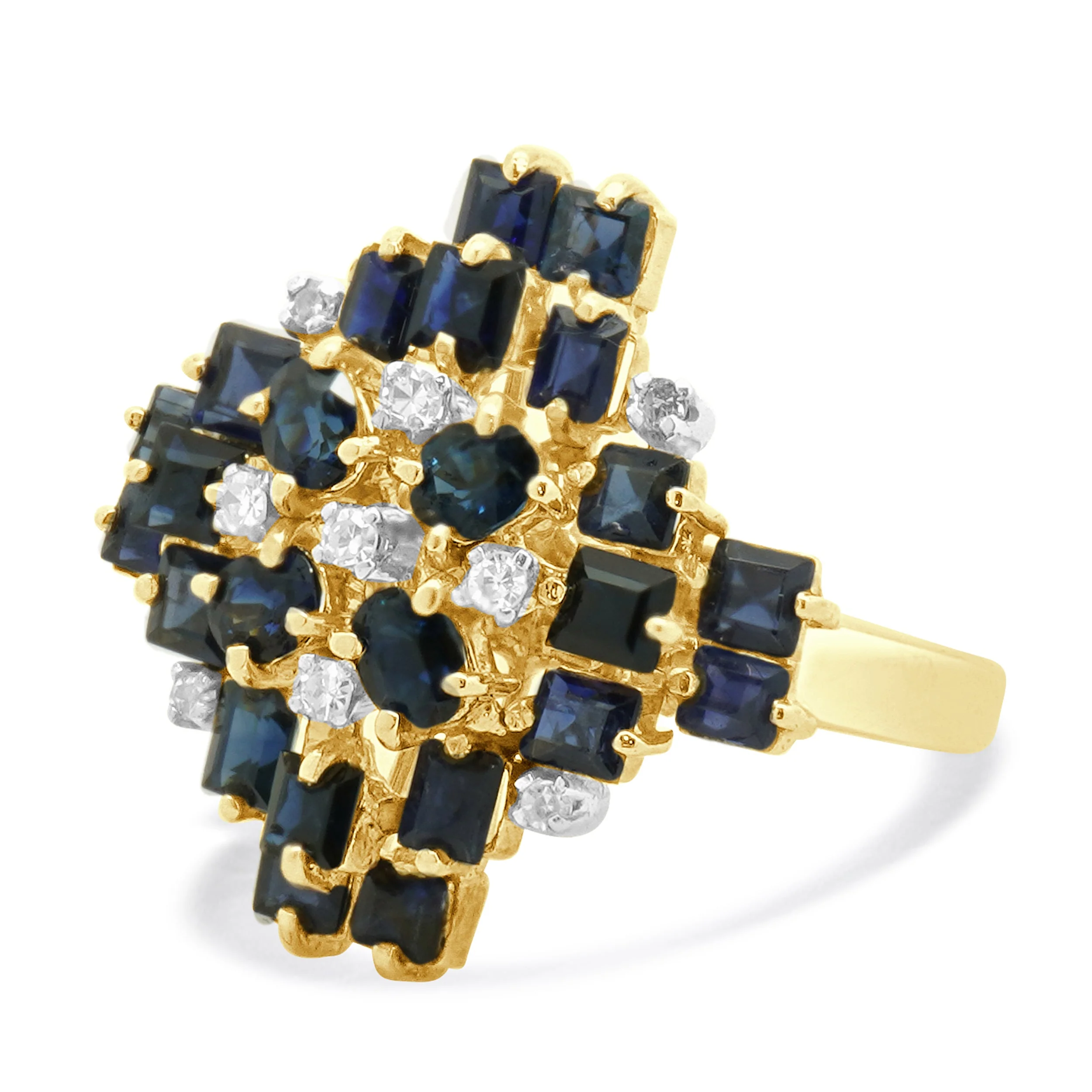 14 Karat Yellow Gold Sapphire and Diamond Cluster Cocktail Ring - Image 2