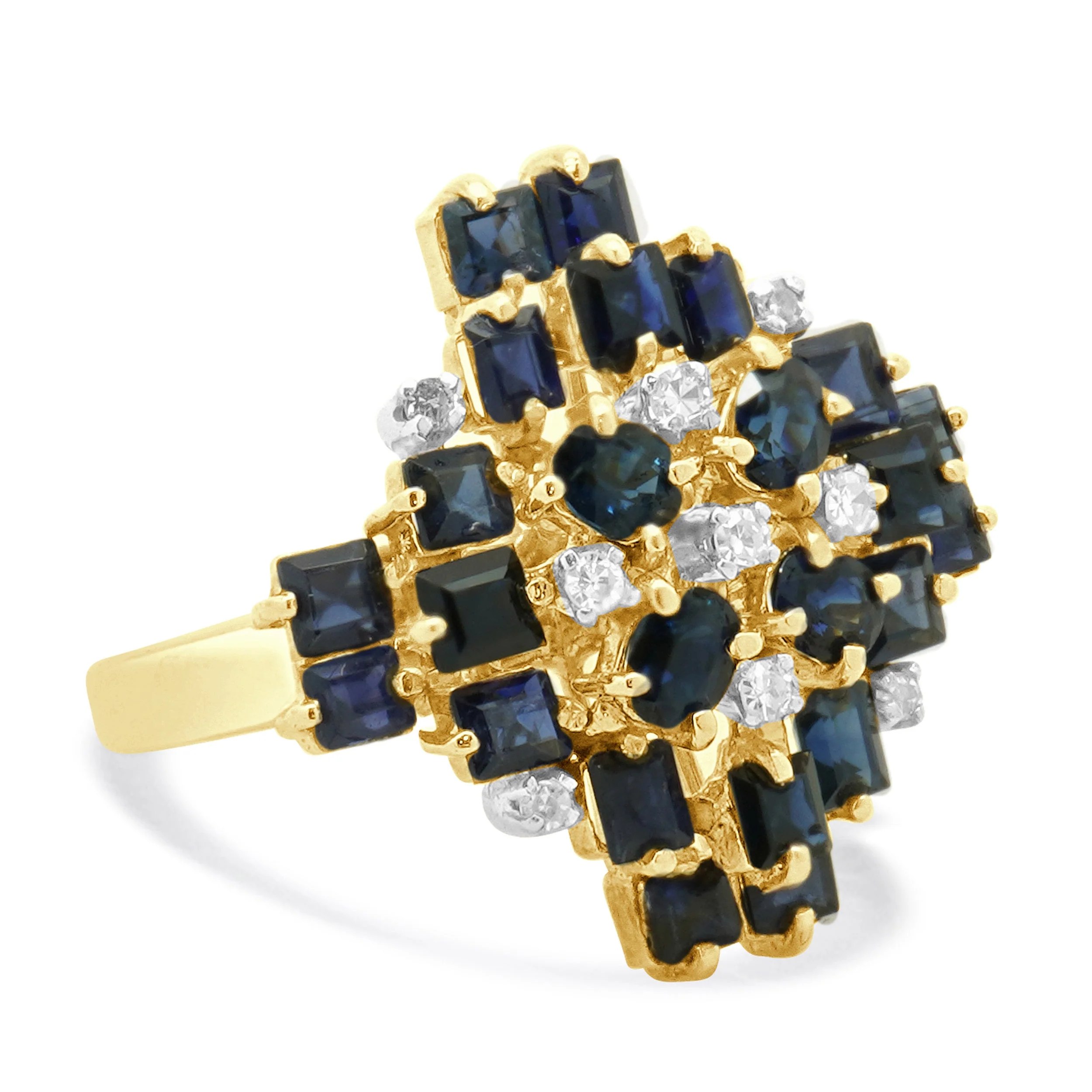14 Karat Yellow Gold Sapphire and Diamond Cluster Cocktail Ring - Image 4