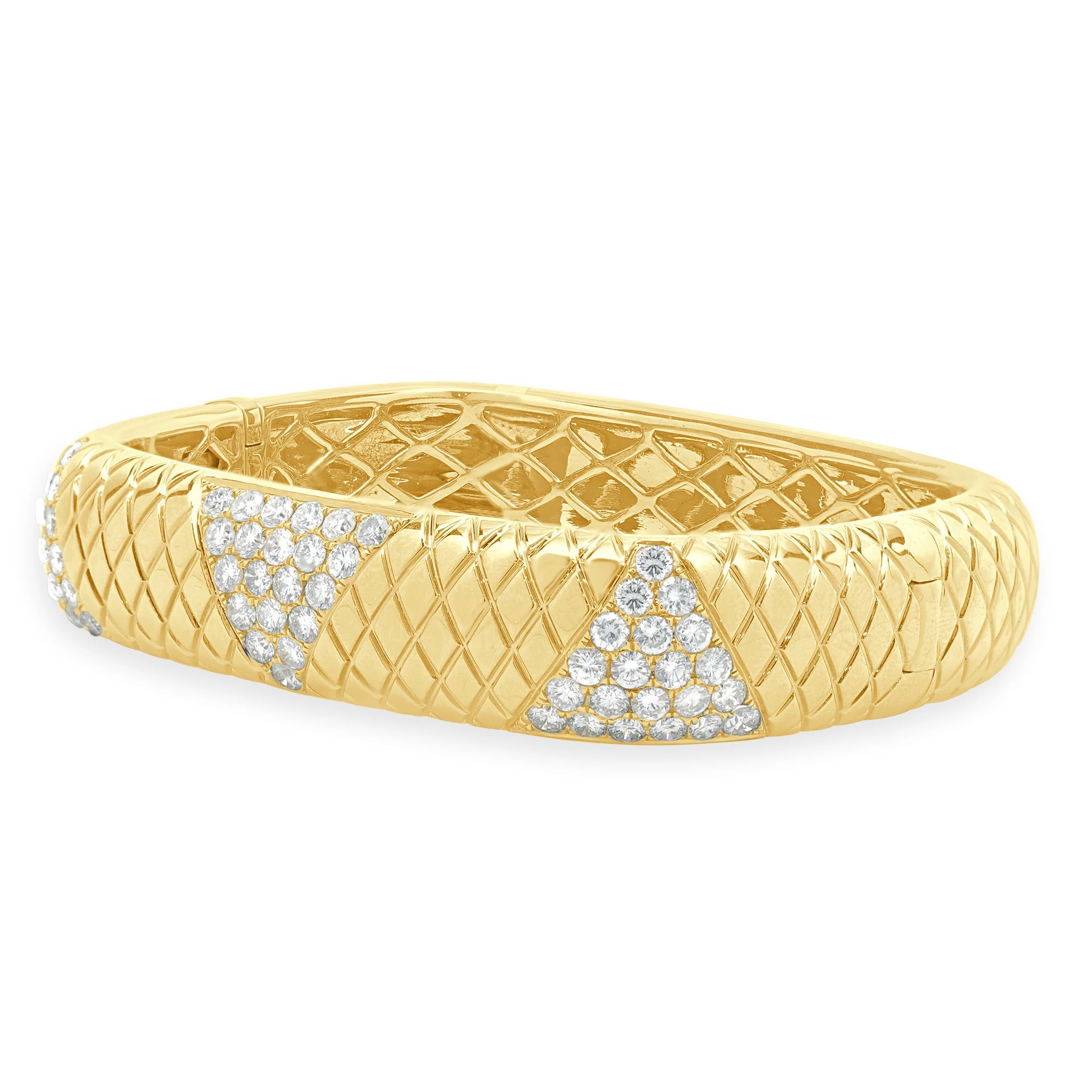 14 Karat Yellow Gold Snake Skin Textured Diamond Squared Bangle Bracelet - Image 2