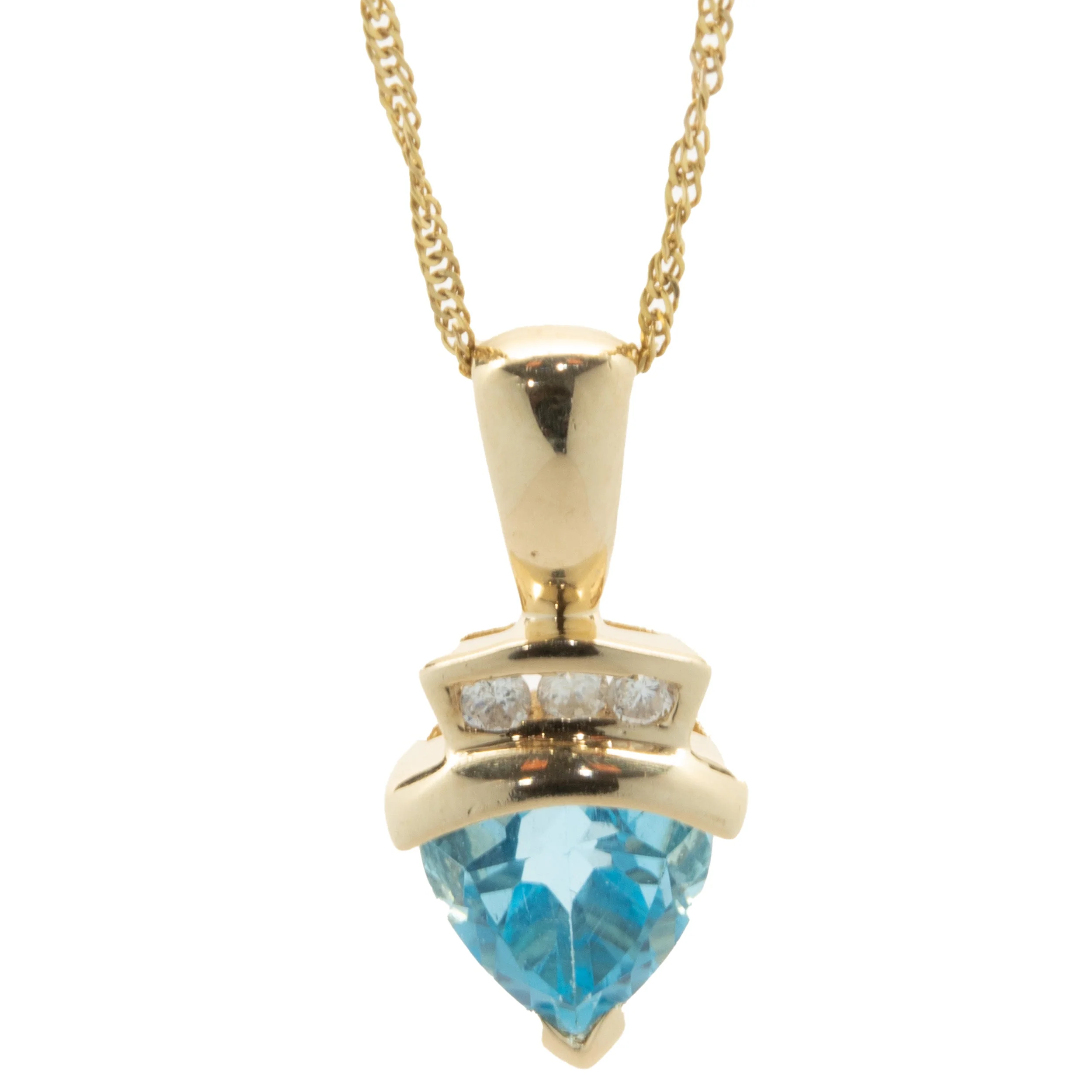 14 Karat Yellow Gold Trillion Cut Blue Topaz and Diamond Necklace - Image 2