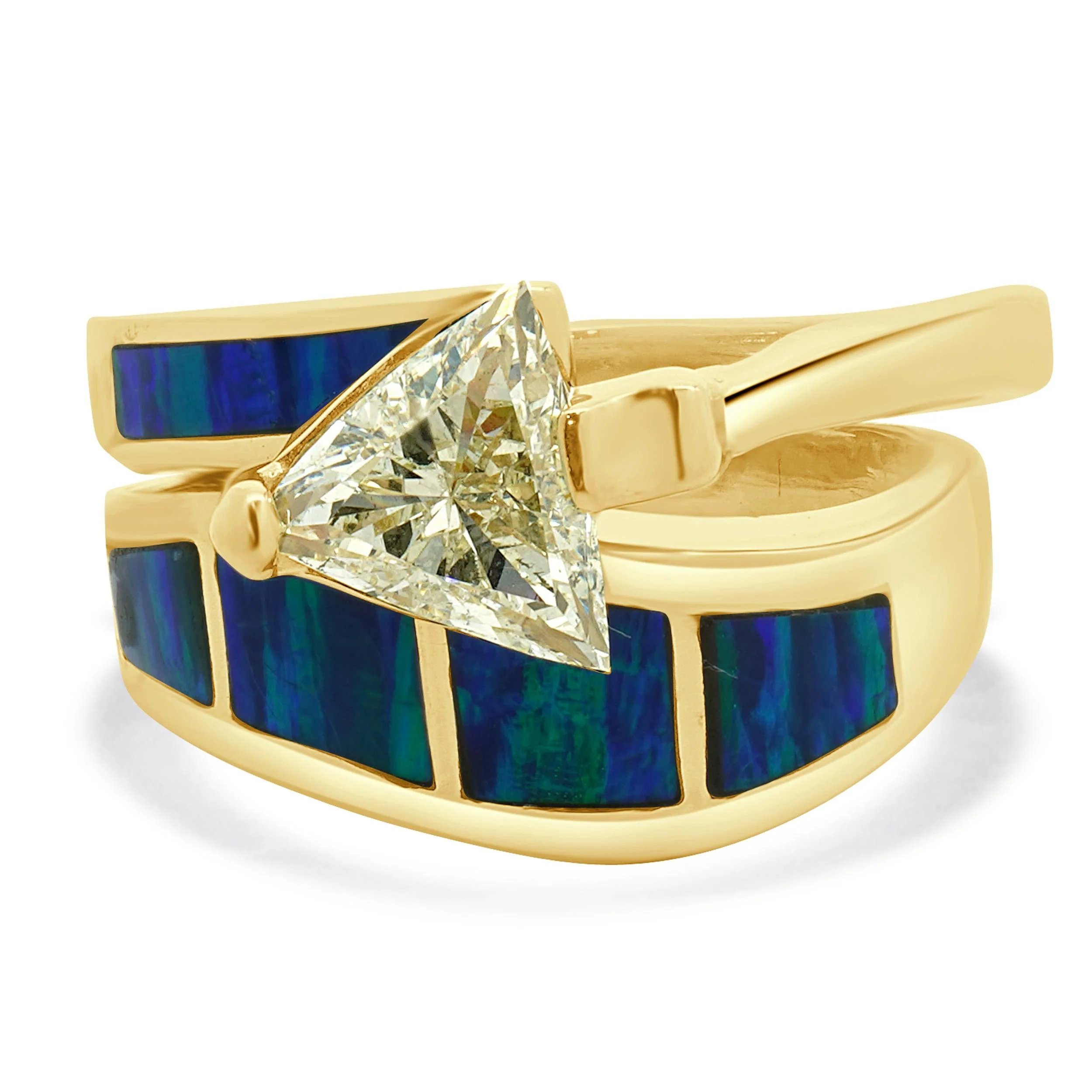 14 Karat Yellow Gold Trillion Cut Diamond Opal Inlay Engagement Ring