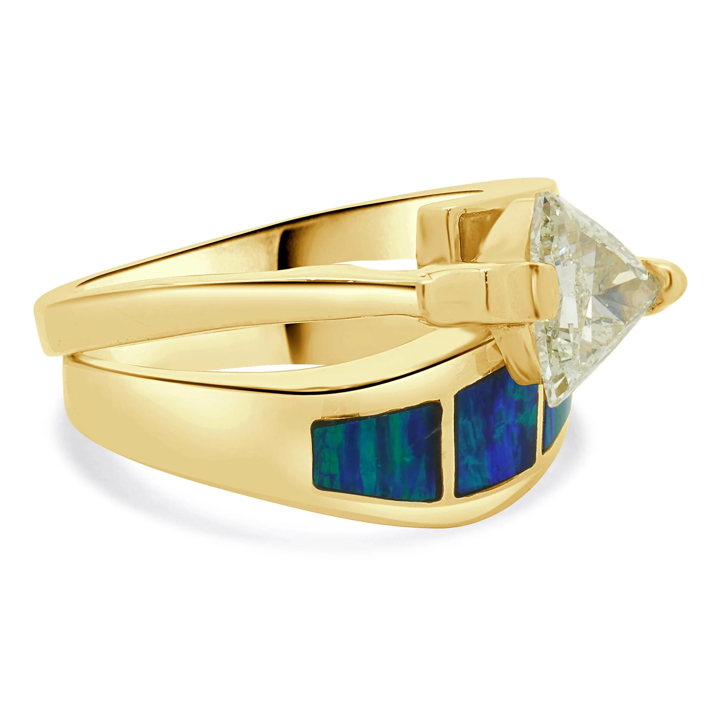 14 Karat Yellow Gold Trillion Cut Diamond Opal Inlay Engagement Ring - Image 2
