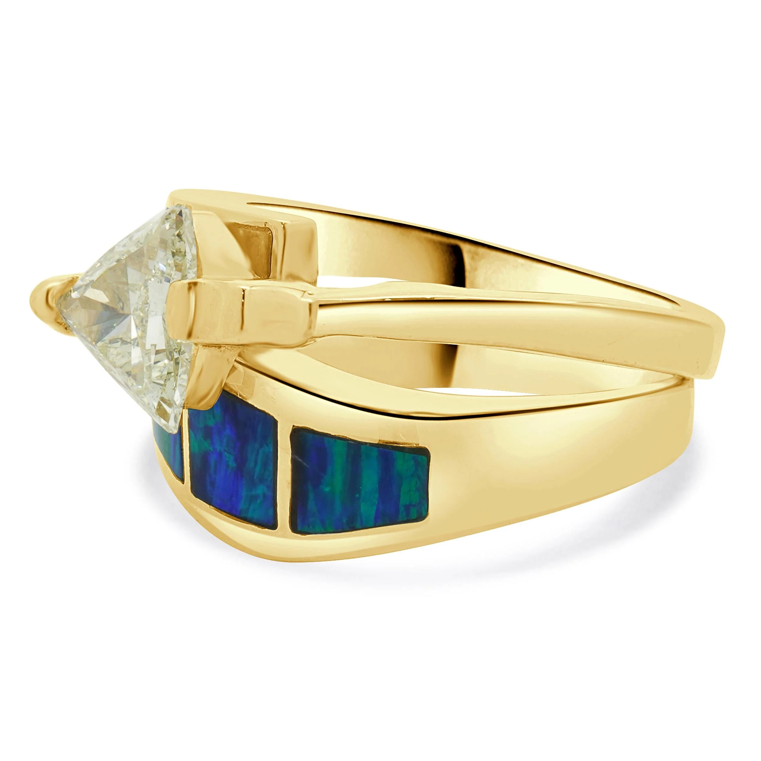14 Karat Yellow Gold Trillion Cut Diamond Opal Inlay Engagement Ring - Image 3