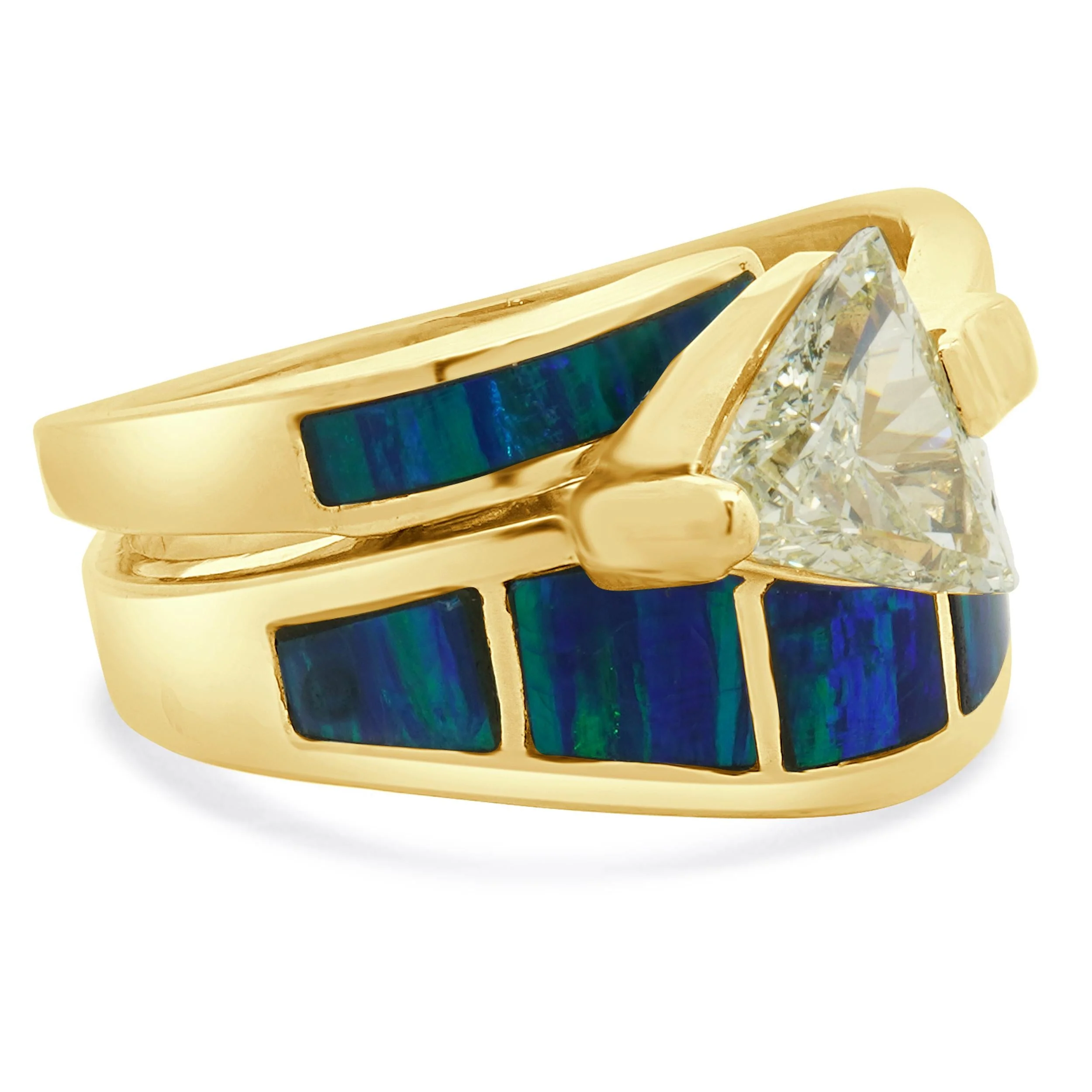 14 Karat Yellow Gold Trillion Cut Diamond Opal Inlay Engagement Ring - Image 4