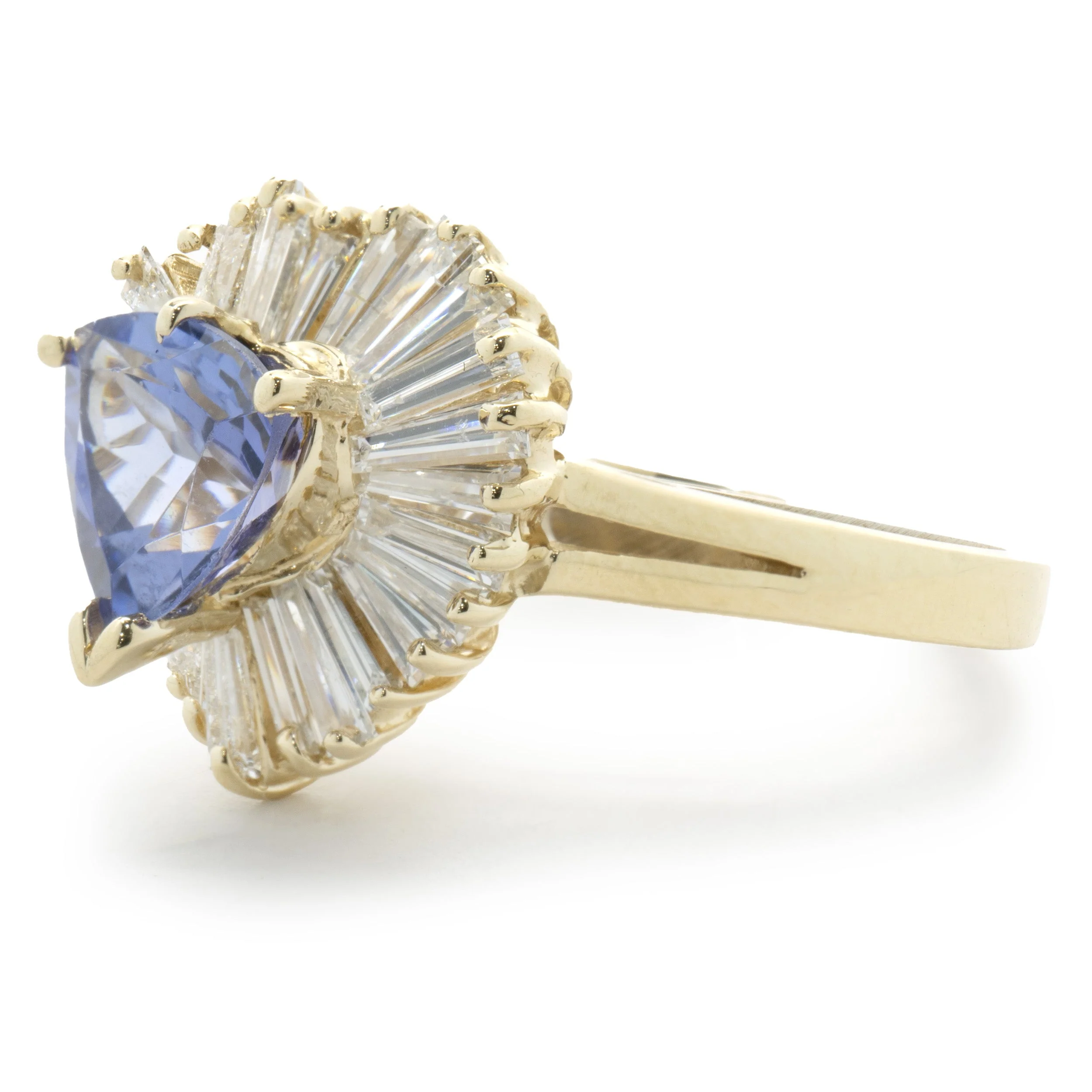 14 Karat Yellow Gold Trillion Cut Tanzanite and Diamond Ballerina Ring - Image 2