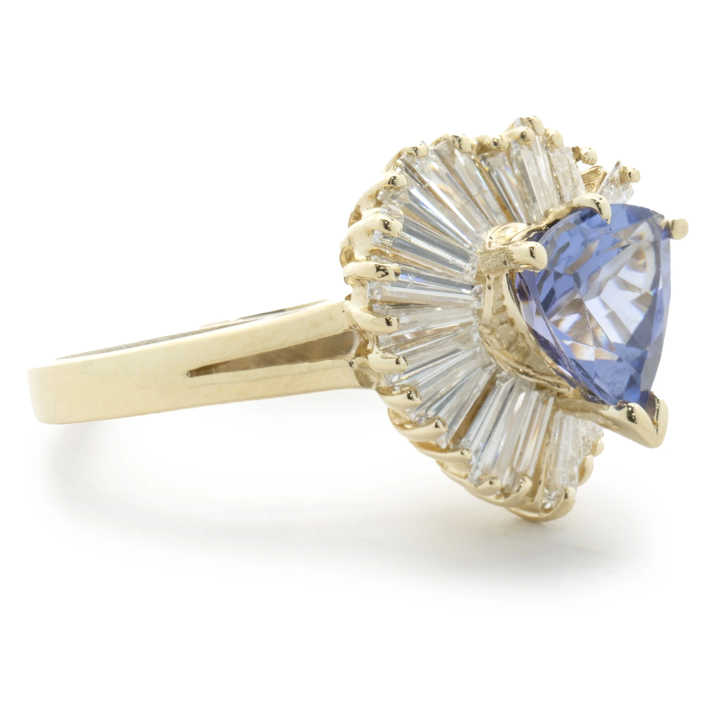 14 Karat Yellow Gold Trillion Cut Tanzanite and Diamond Ballerina Ring - Image 4