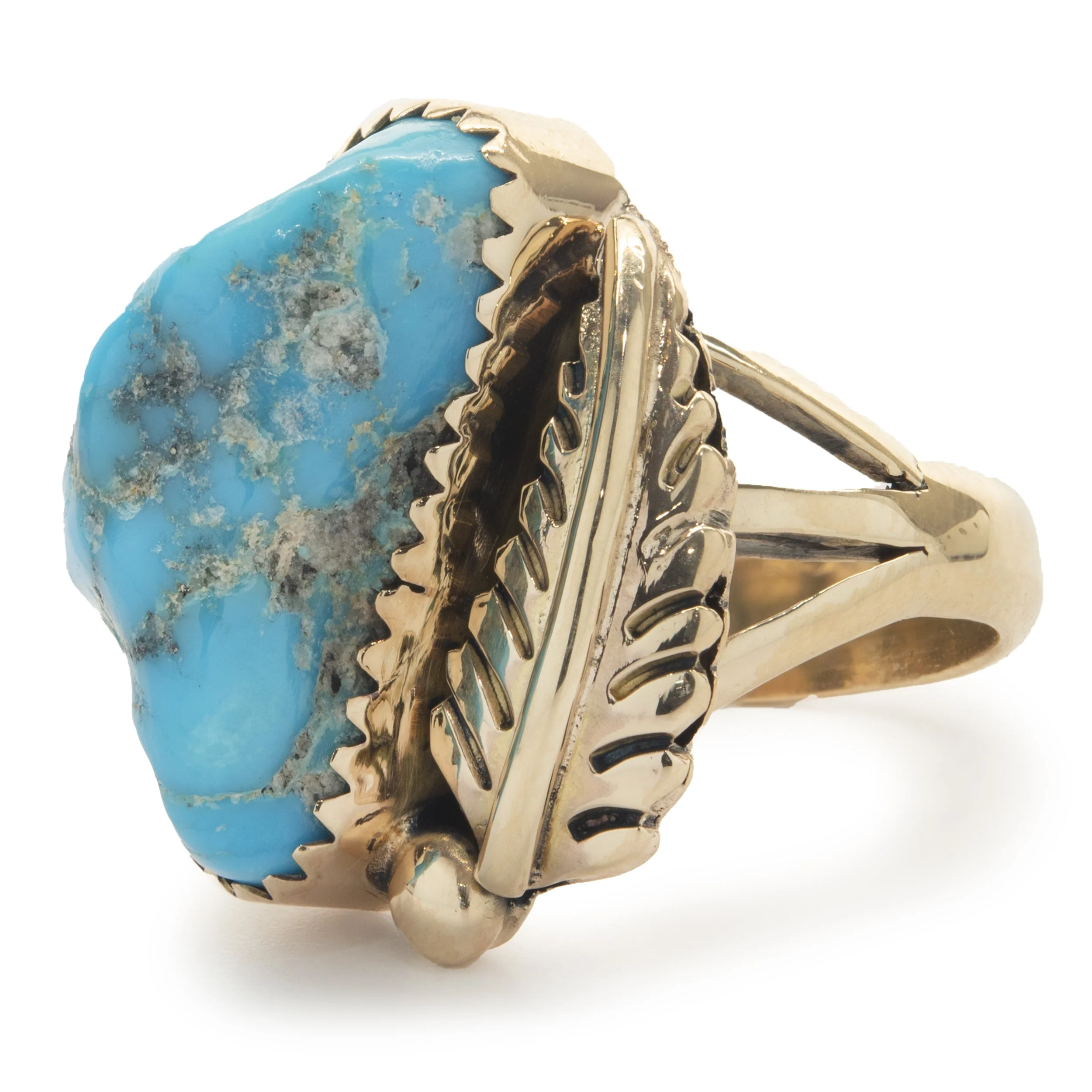 14 Karat Yellow Gold Vintage Native American Designed Turquoise and Feather Ring - Image 2