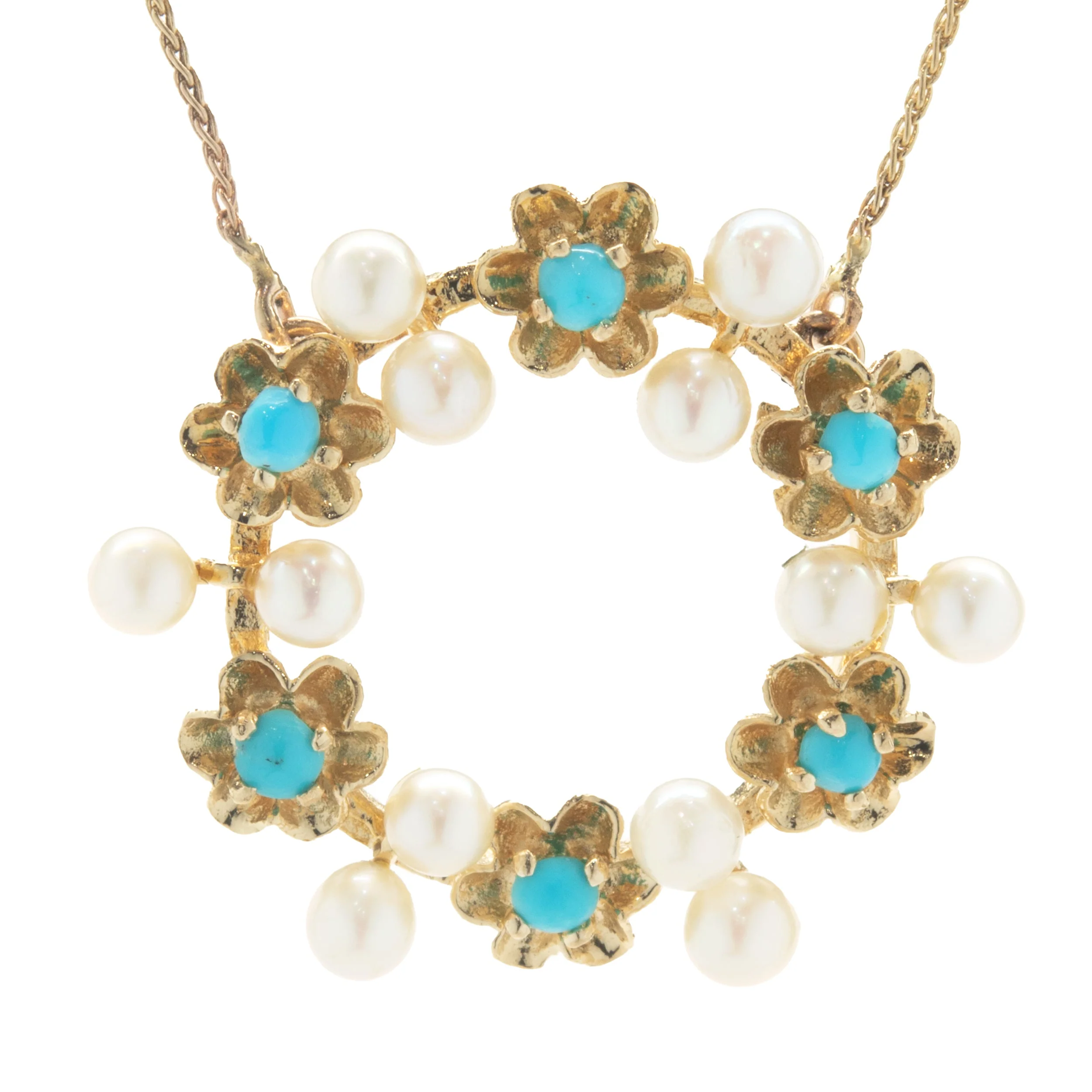 14 Karat Yellow Gold Vintage Pearl and Persian Turquoise Floral Circle Necklace - Image 2
