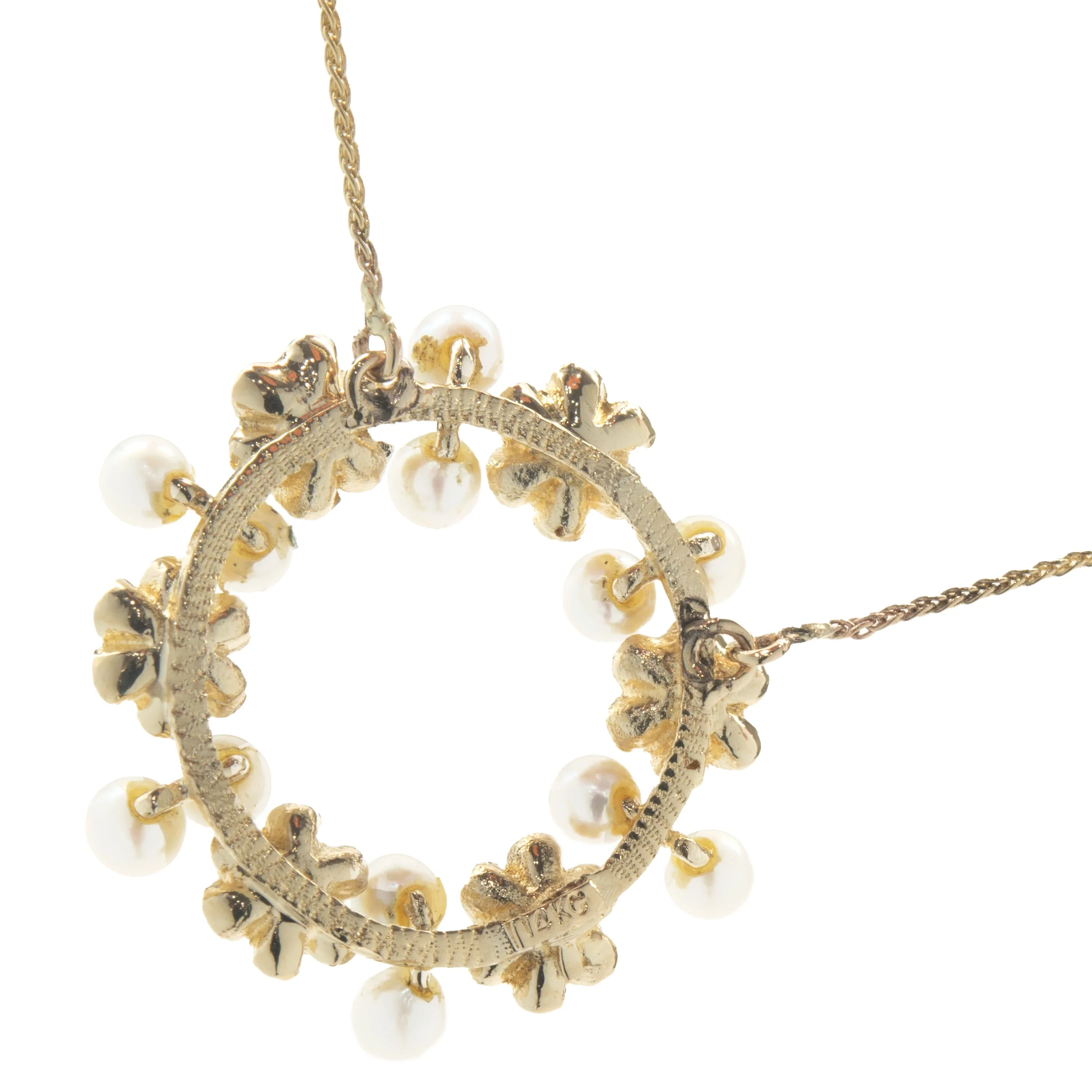 14 Karat Yellow Gold Vintage Pearl and Persian Turquoise Floral Circle Necklace - Image 3