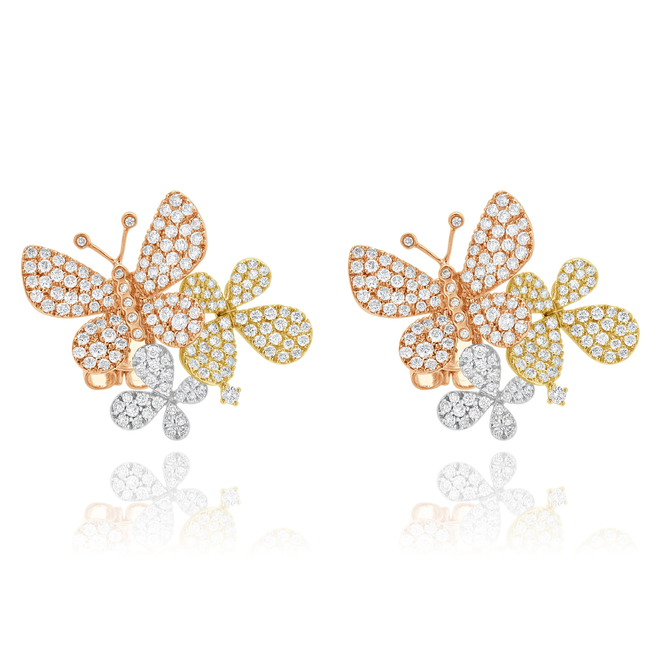14 Karat Yellow, White, and Rose Gold Pave Diamond Butterfly Flutter Earrings