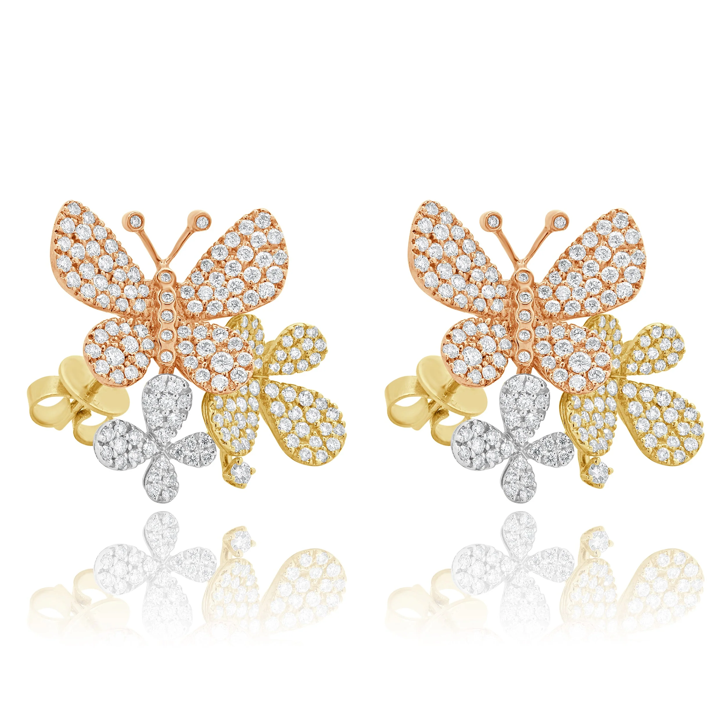 14 Karat Yellow, White, and Rose Gold Pave Diamond Butterfly Flutter Earrings - Image 2