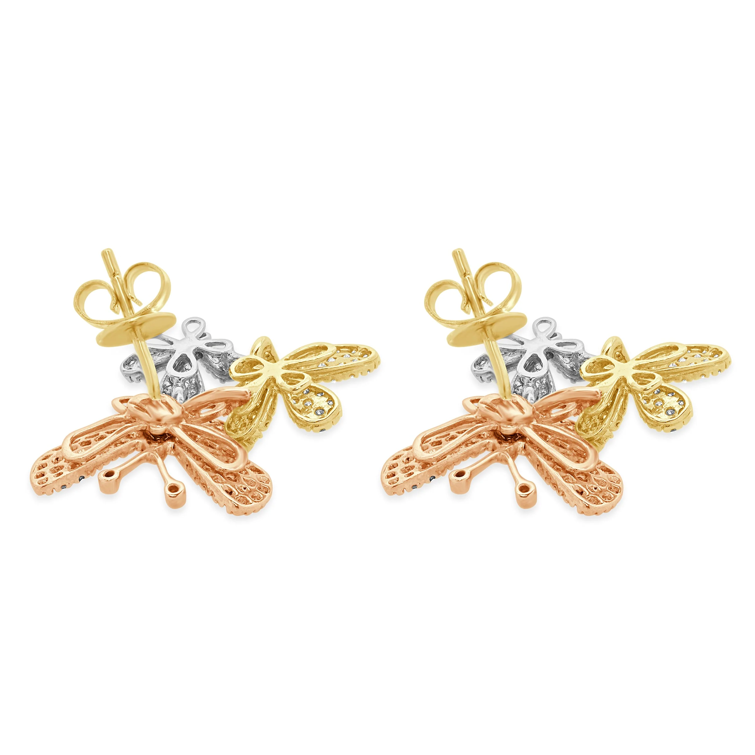 14 Karat Yellow, White, and Rose Gold Pave Diamond Butterfly Flutter Earrings - Image 3