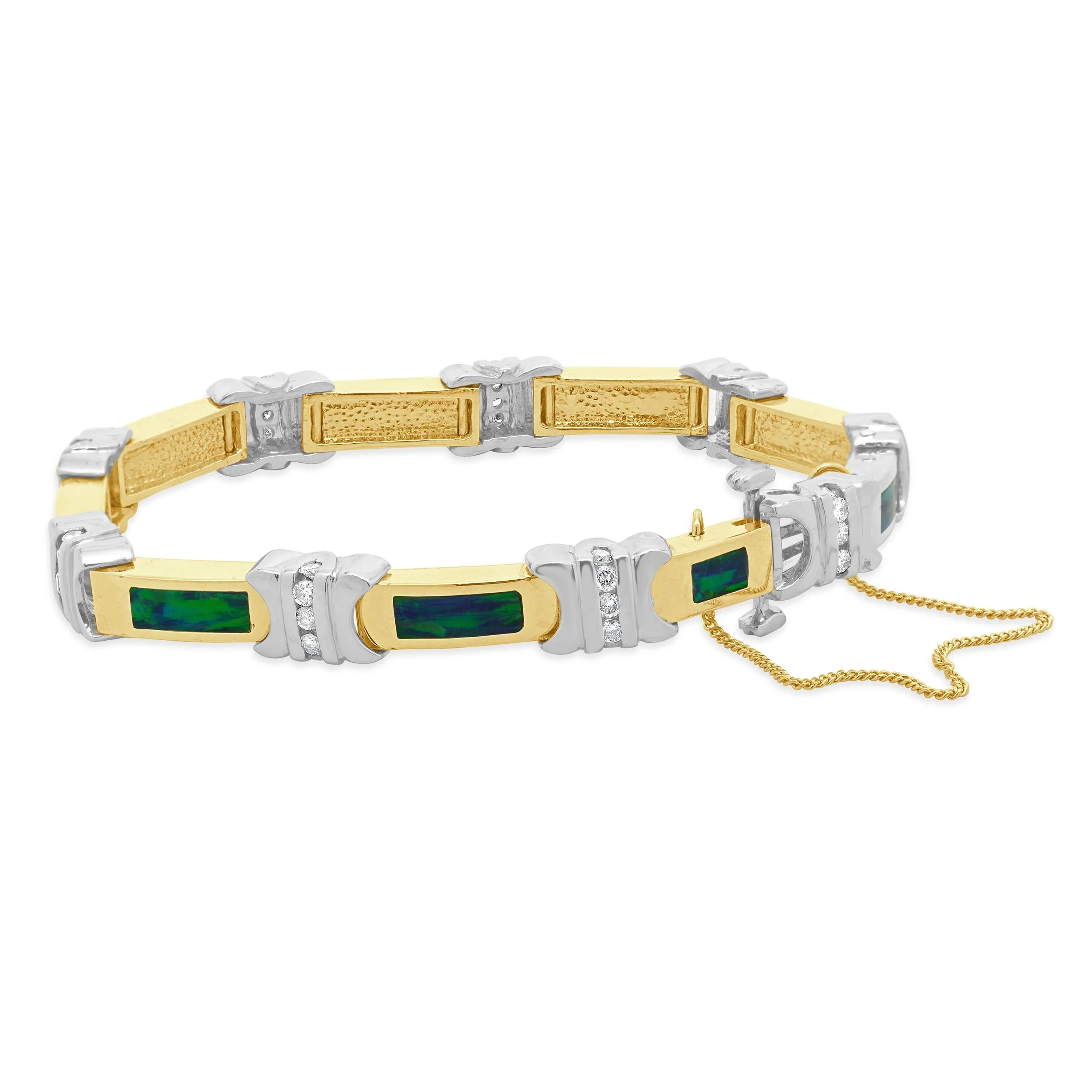 14 Karat Yellow & White Gold Diamond and Opal Inlay Bracelet - Image 3