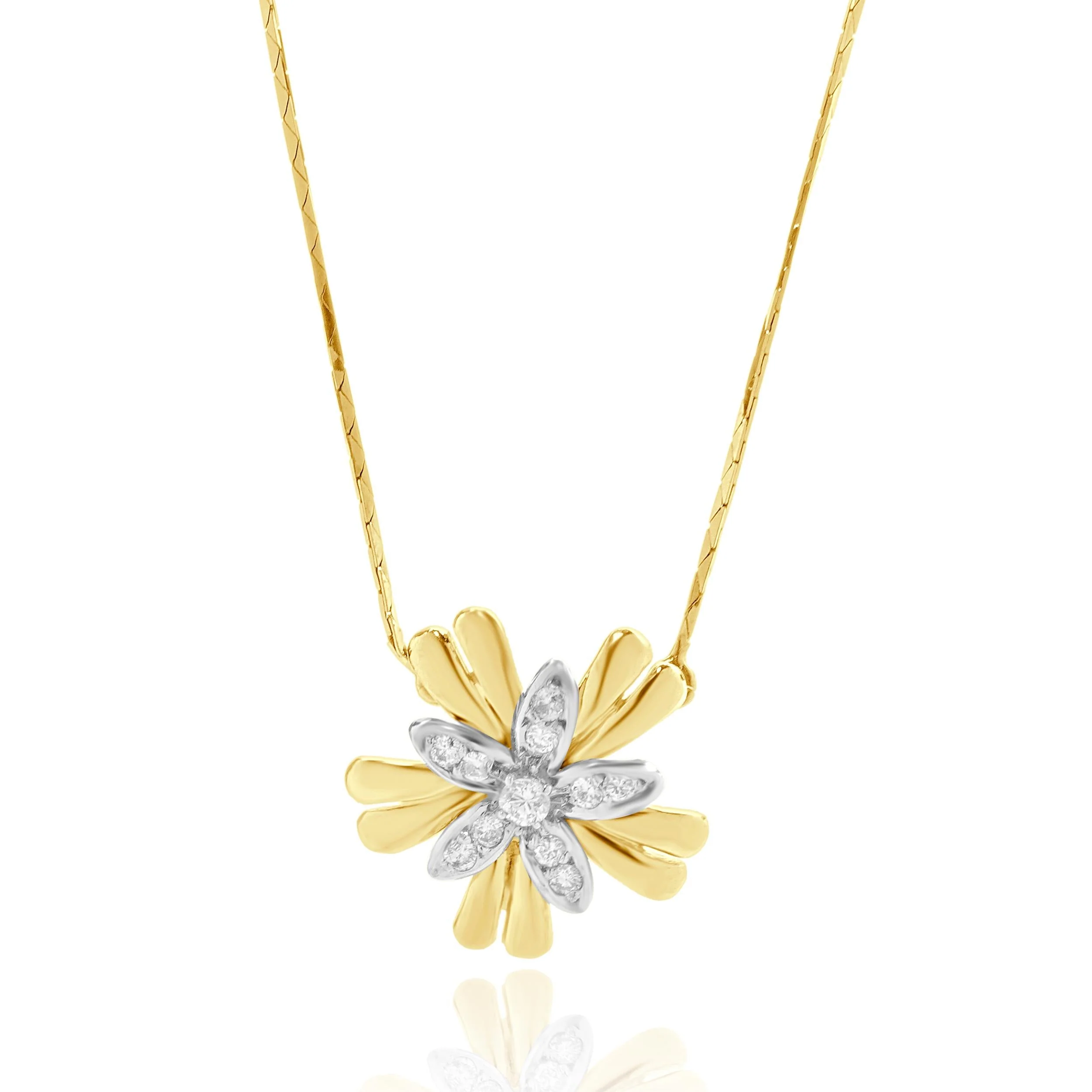 14 Karat Yellow & White Gold Diamond Flower Necklace