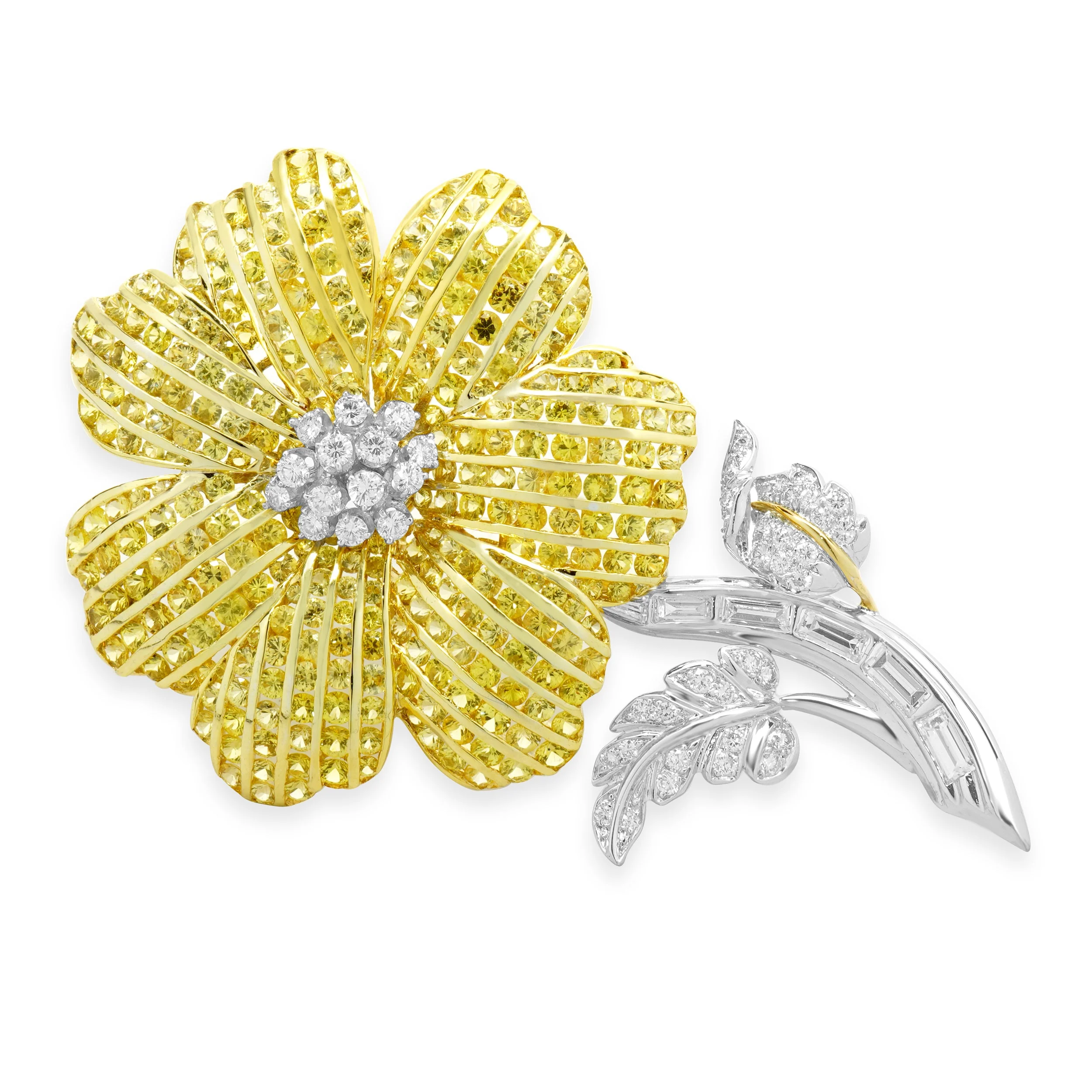 14 Karat Yellow & White Gold Yellow Sapphire and Diamond Flower Pin