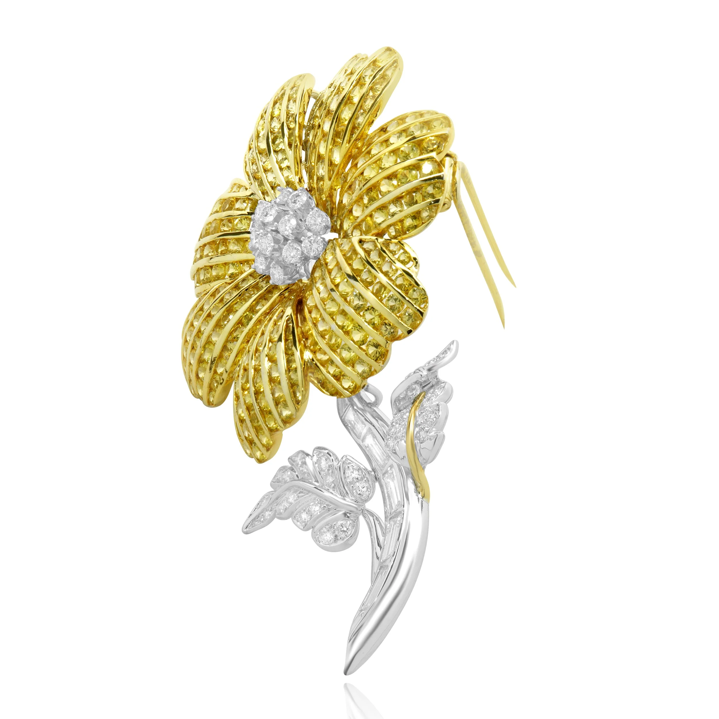 14 Karat Yellow & White Gold Yellow Sapphire and Diamond Flower Pin - Image 2