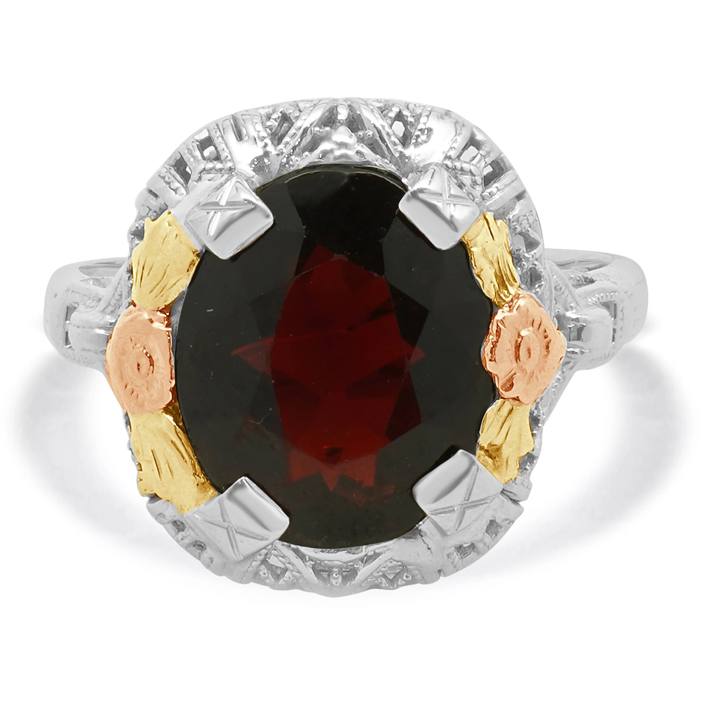 14 Karat Yellow, White & Rose Gold Vintage Garnet Ring