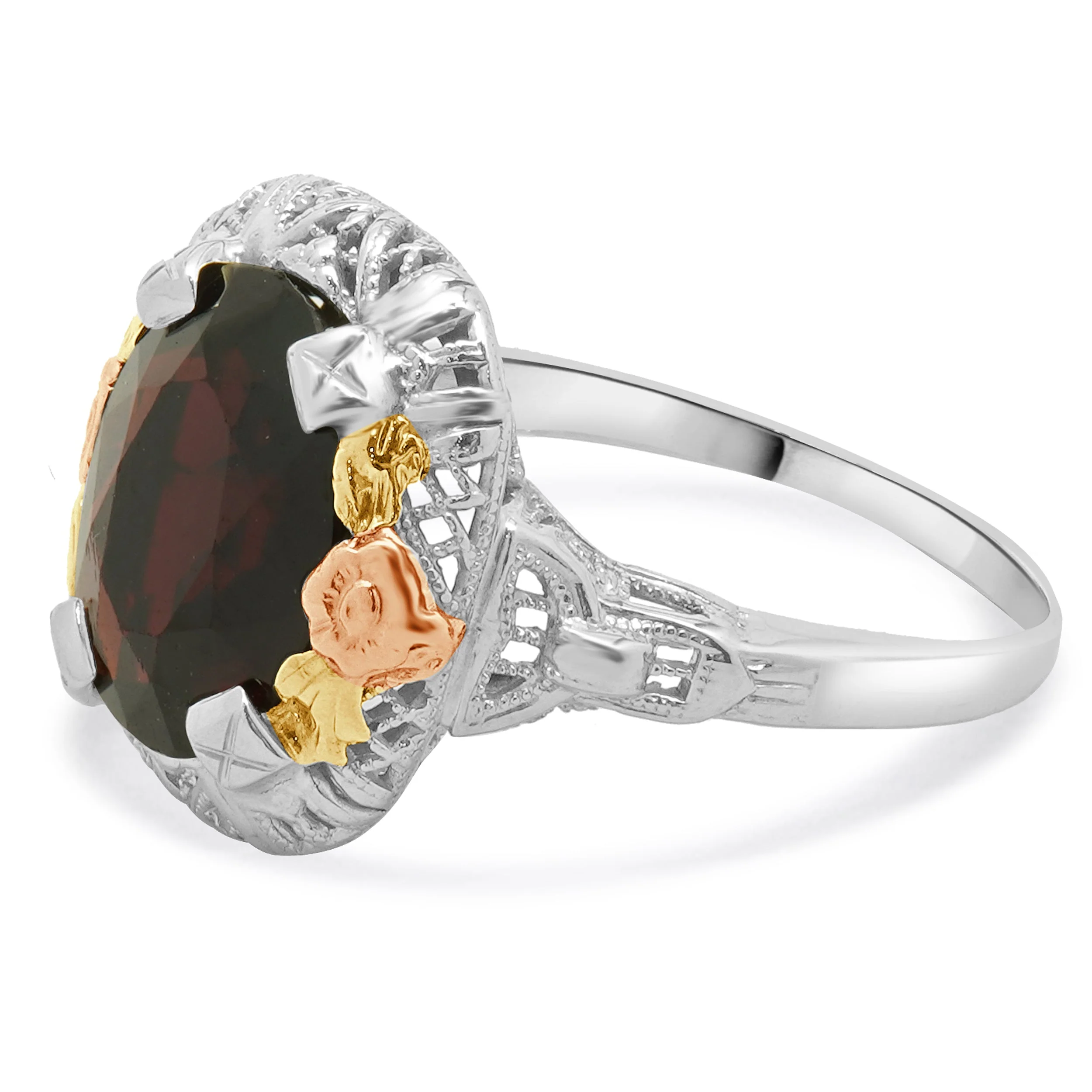 14 Karat Yellow, White & Rose Gold Vintage Garnet Ring - Image 2