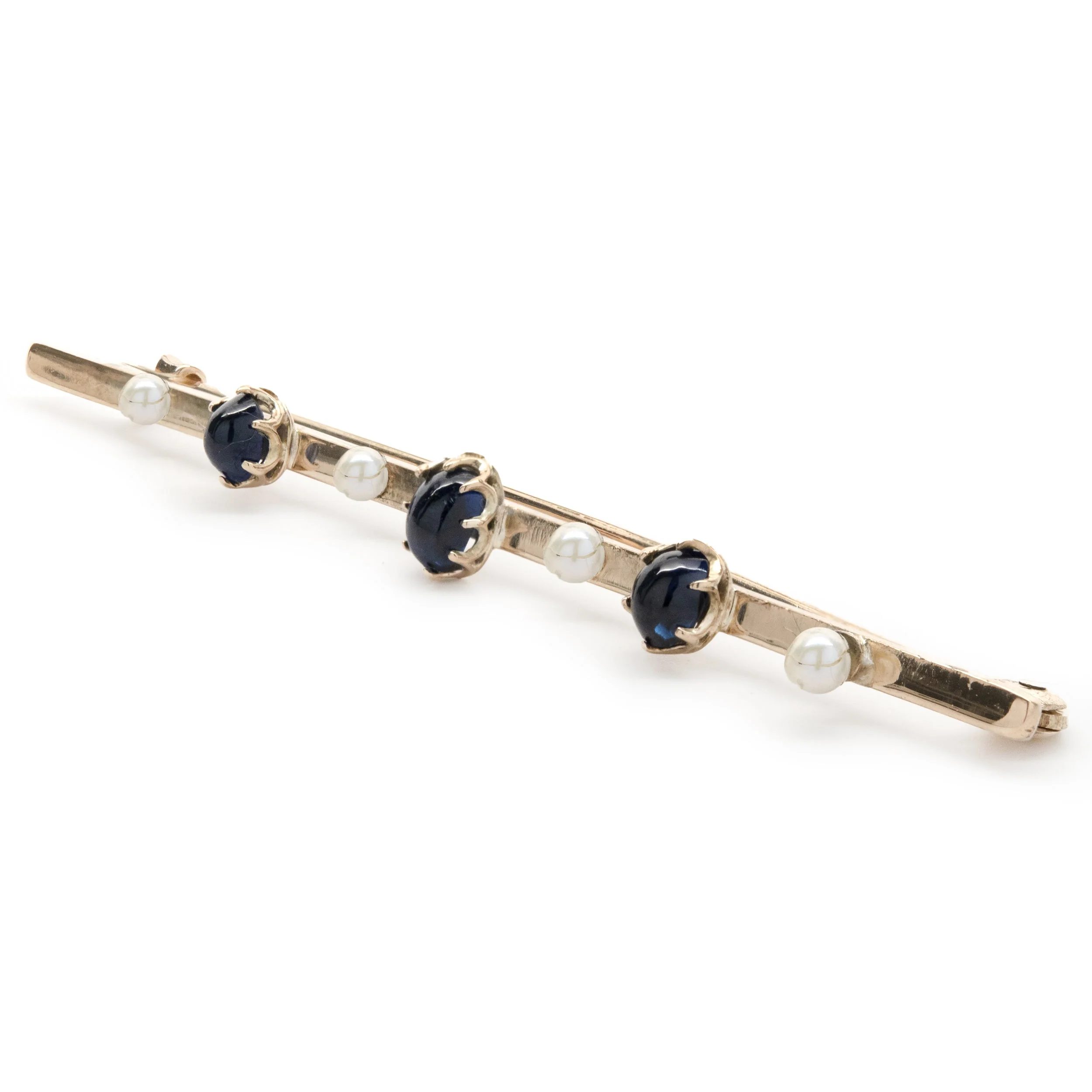 14 Yellow Gold Vintage Sapphire and Pearl Bar Pin - Image 2
