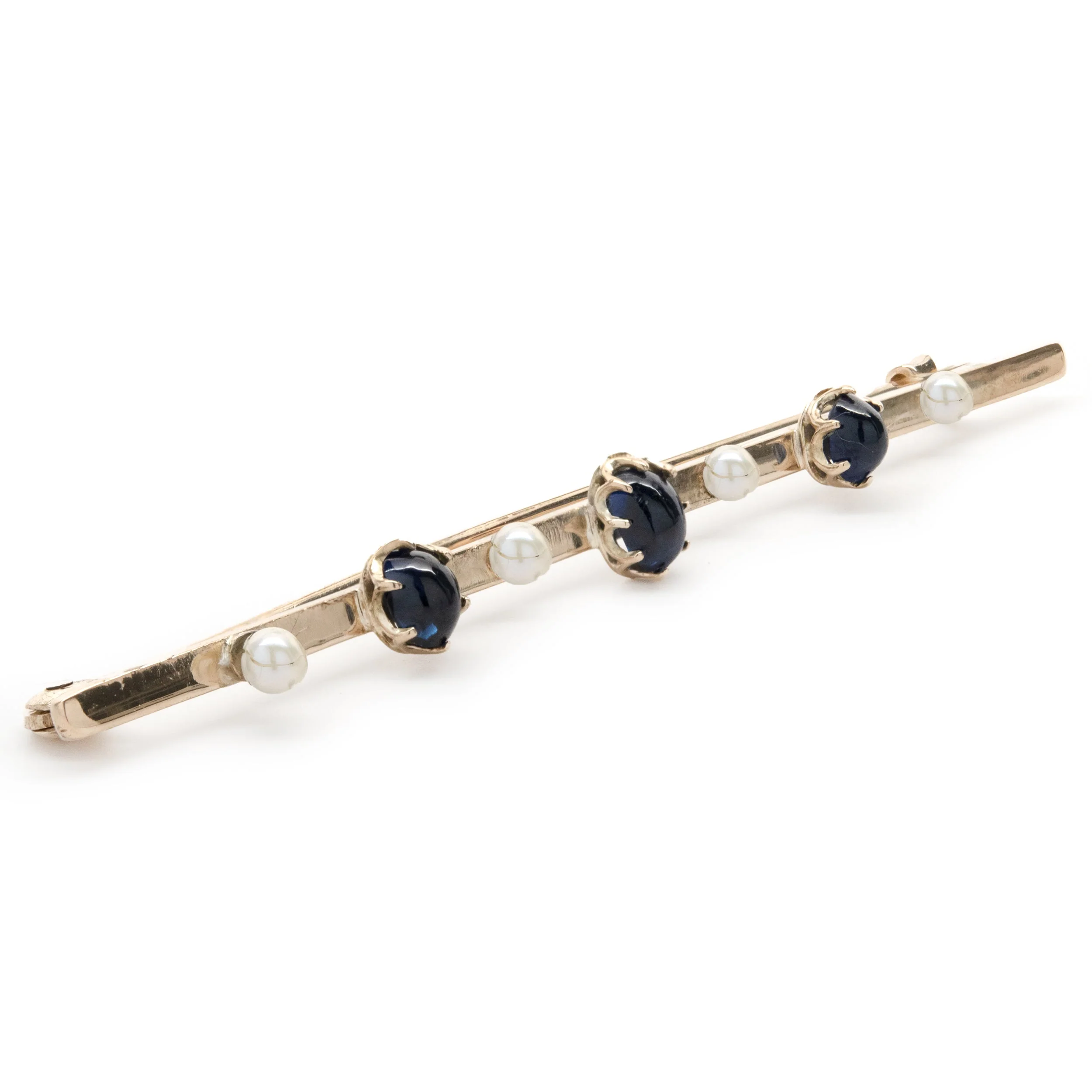 14 Yellow Gold Vintage Sapphire and Pearl Bar Pin - Image 3