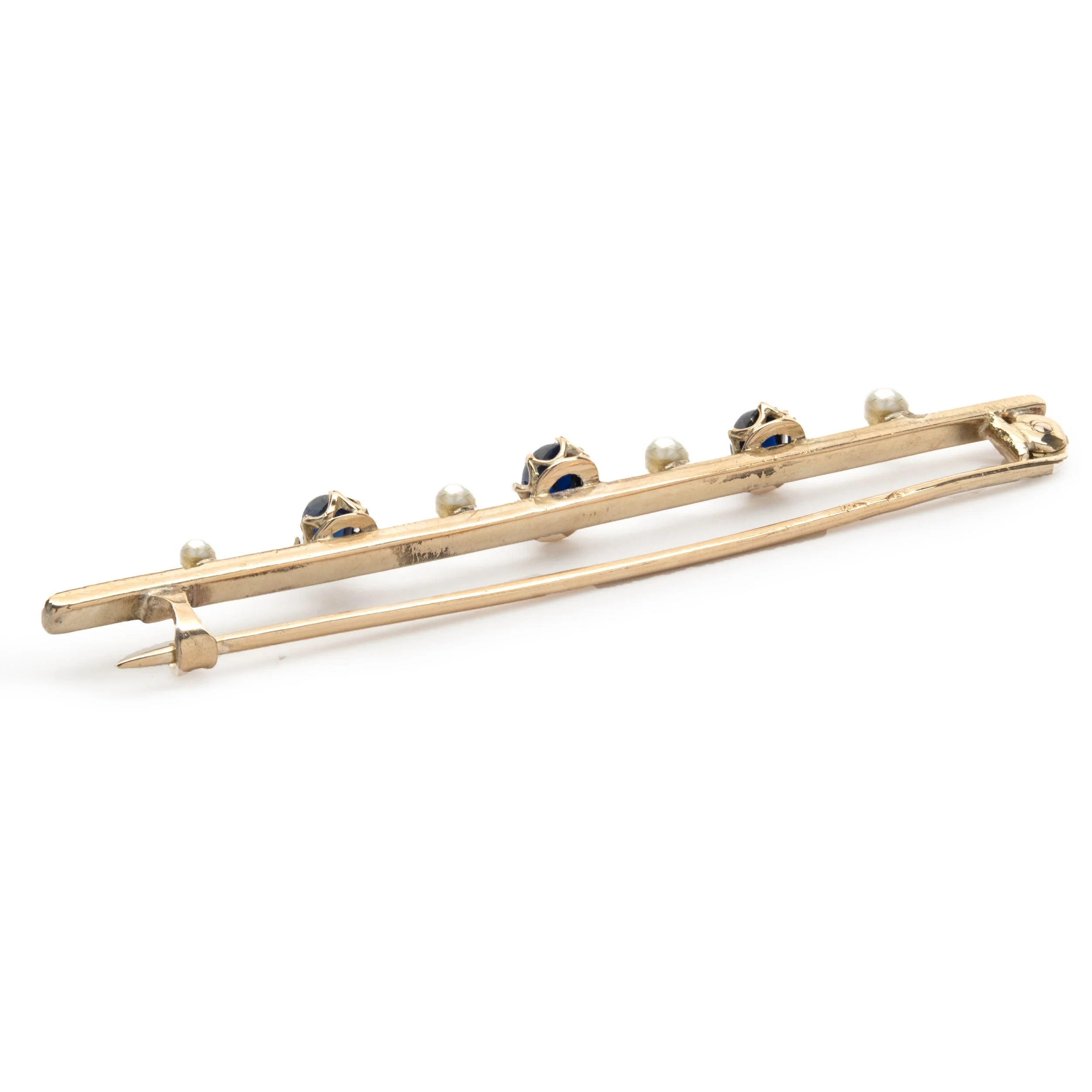 14 Yellow Gold Vintage Sapphire and Pearl Bar Pin - Image 4