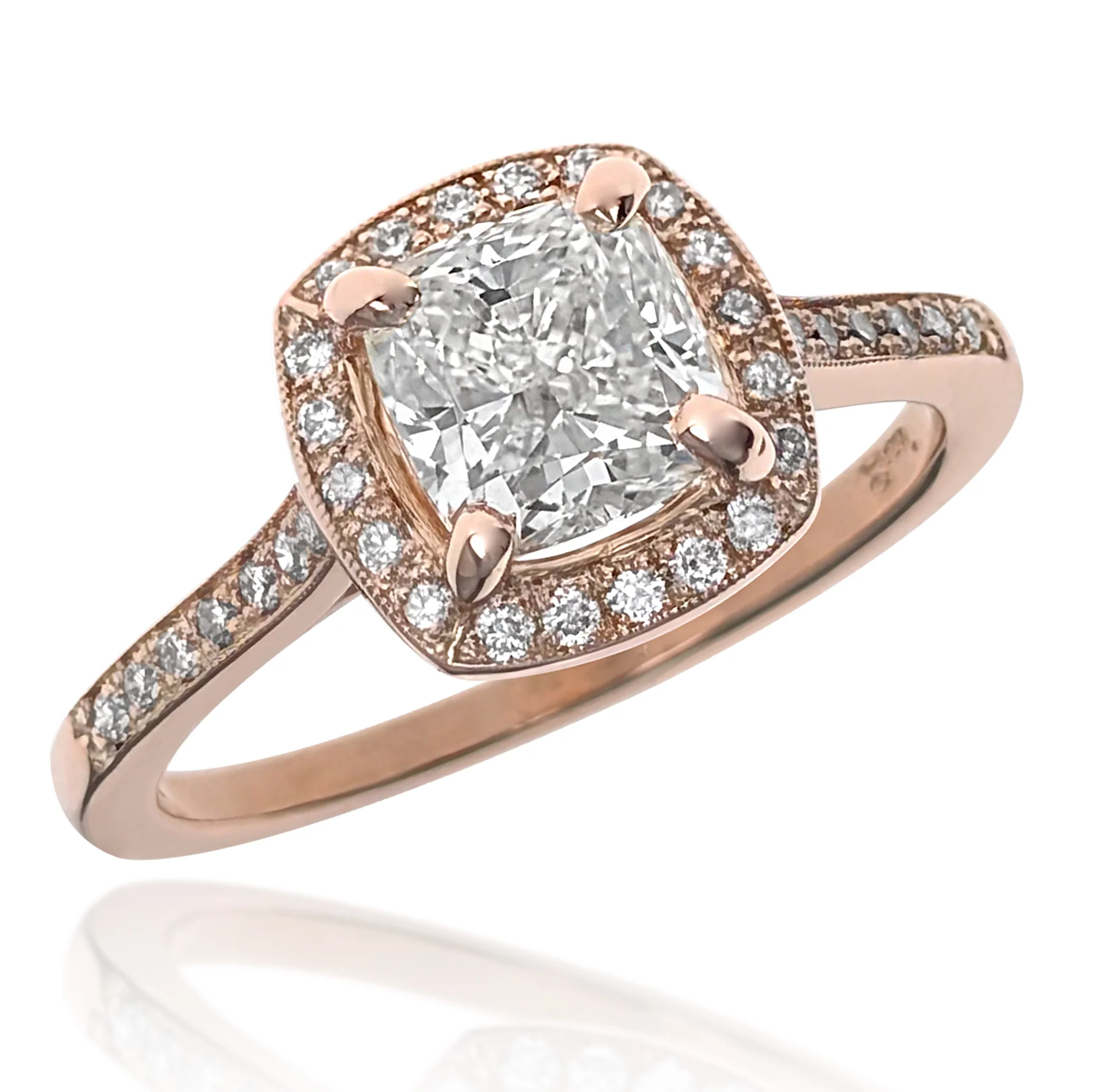 14K Rose Gold Cushion Cut Diamond Halo Engagement Ring