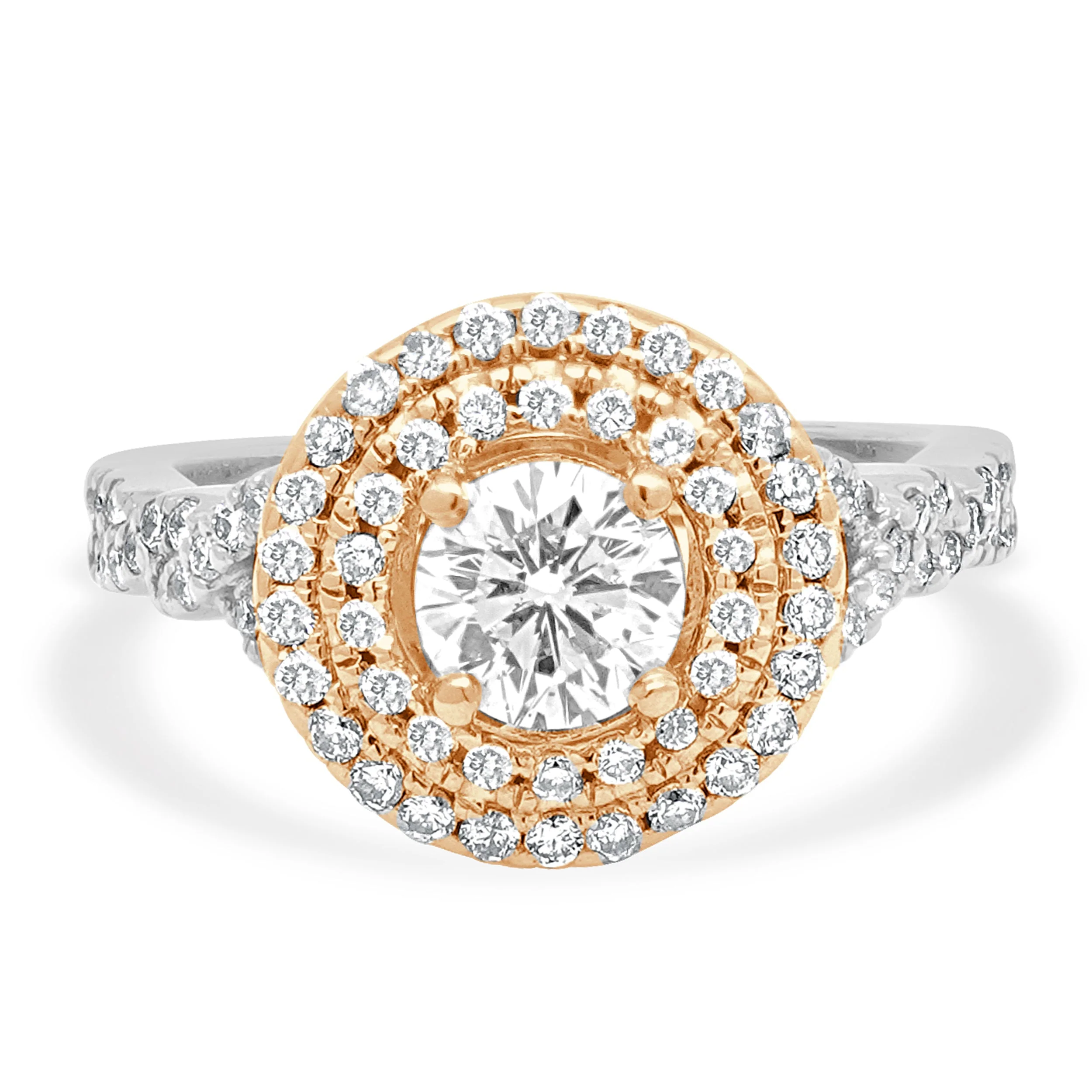 14K Two-Tone White and Rose Gold GSI Certified Round Brilliant Cut Diamond Double Halo Crossover Engagement Ring